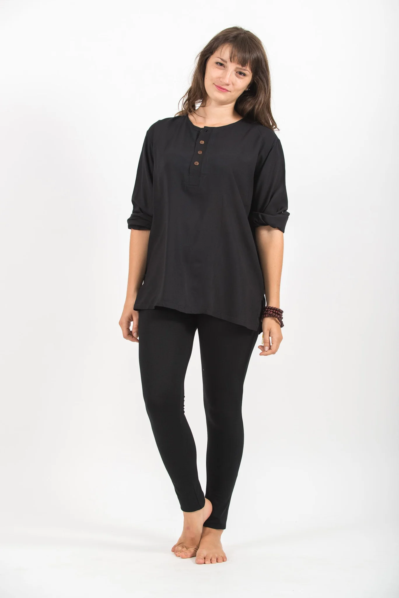 Womens Yoga Shirts No Collar with Coconut Buttons in Black