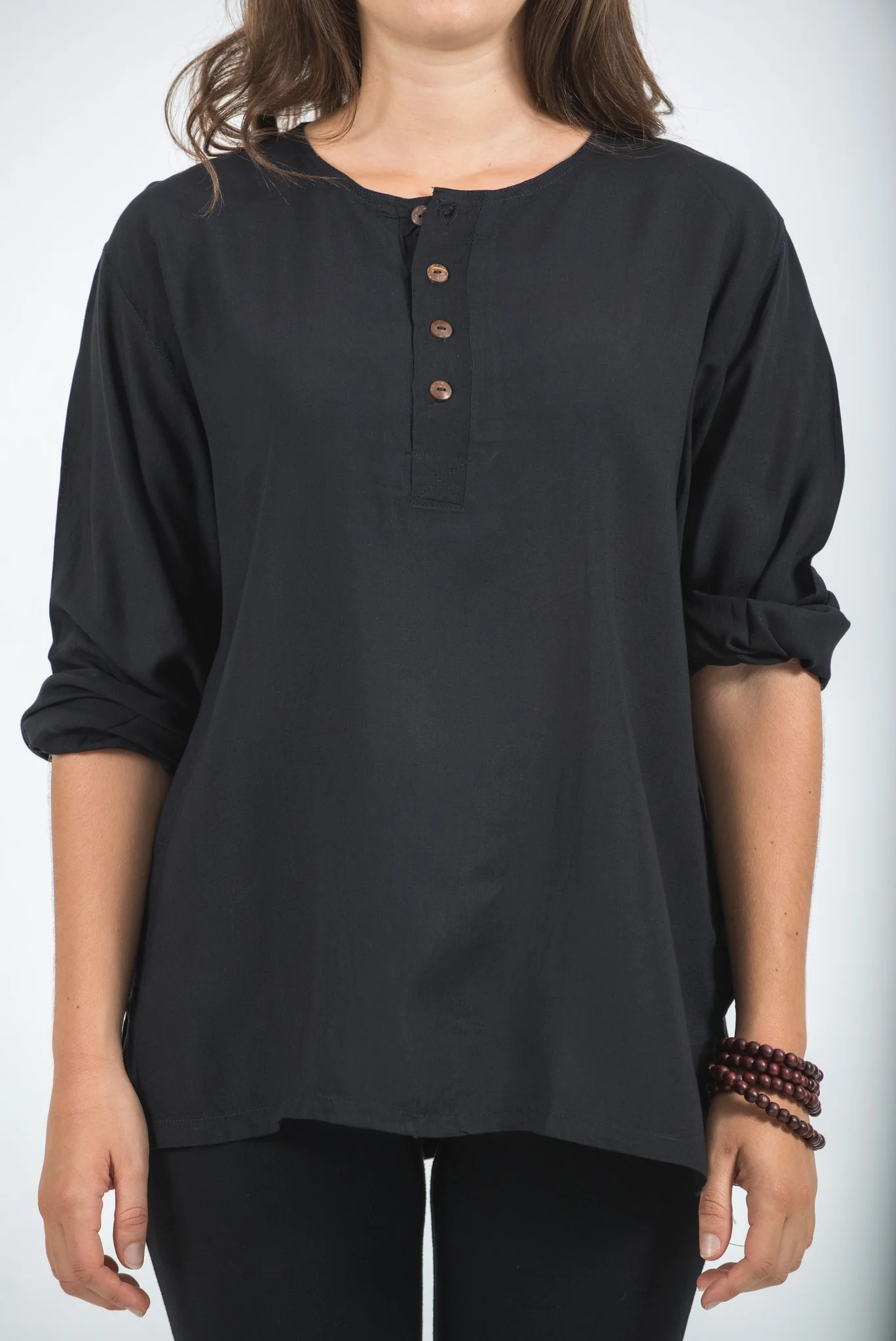 Womens Yoga Shirts No Collar with Coconut Buttons in Black