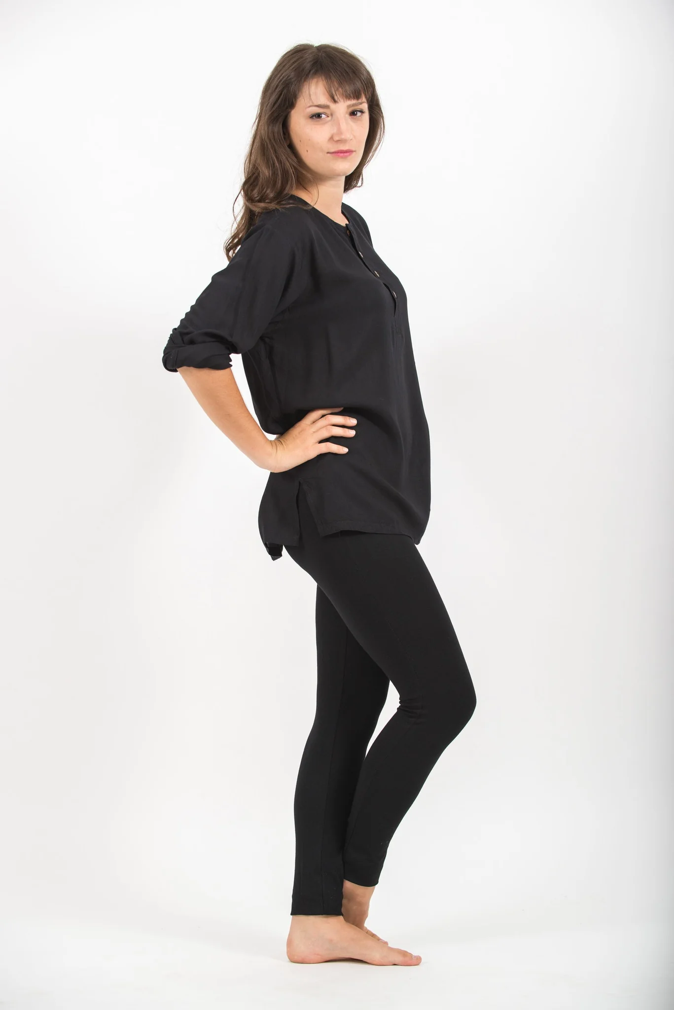 2000-Womens-Yoga-Shirts-No-Collar-with-Coconut-Buttons-in-Black-3.webp Womens Yoga Shirts No Collar with Coconut Buttons in Black