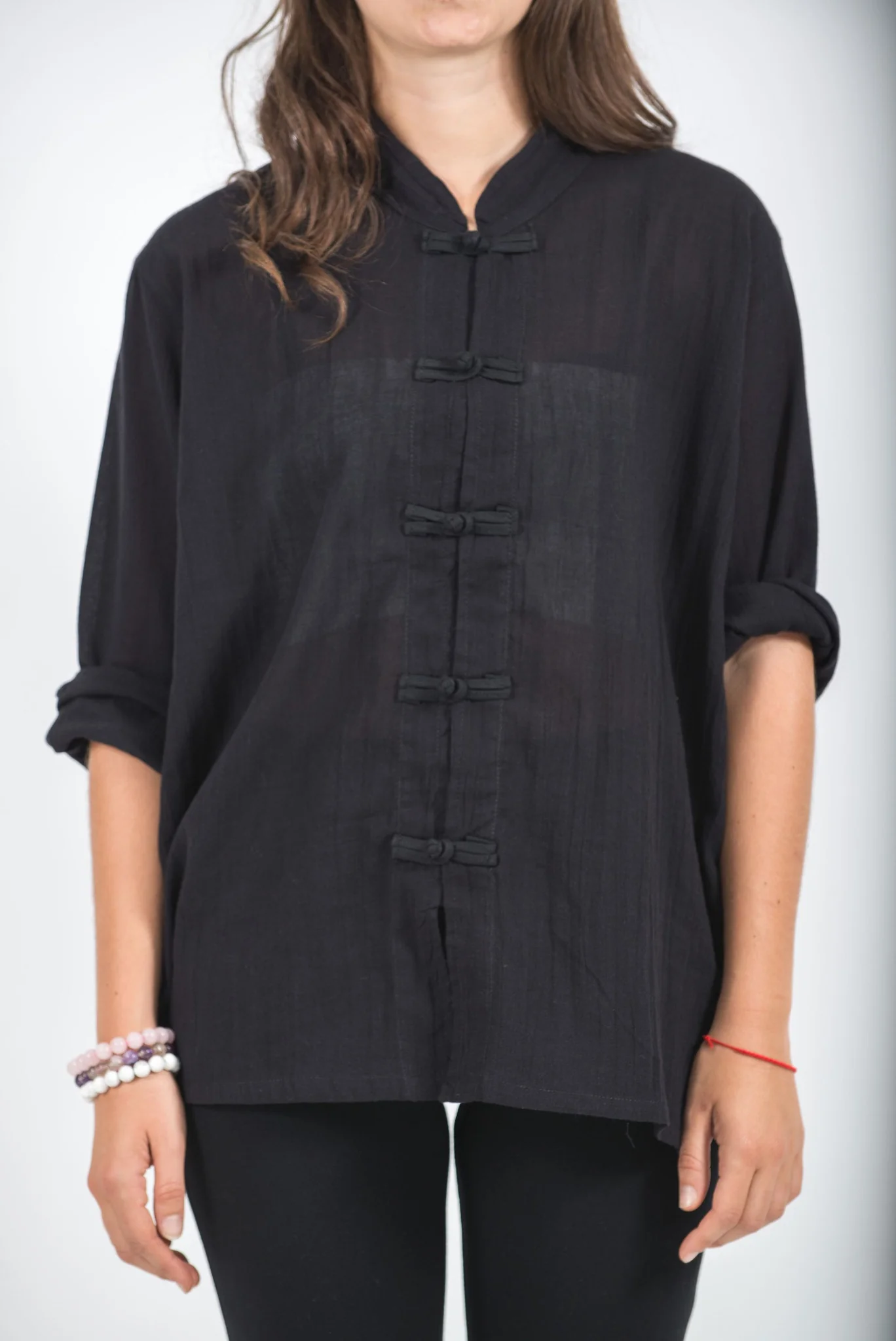 Womens Yoga Shirts Chinese Collared in Black