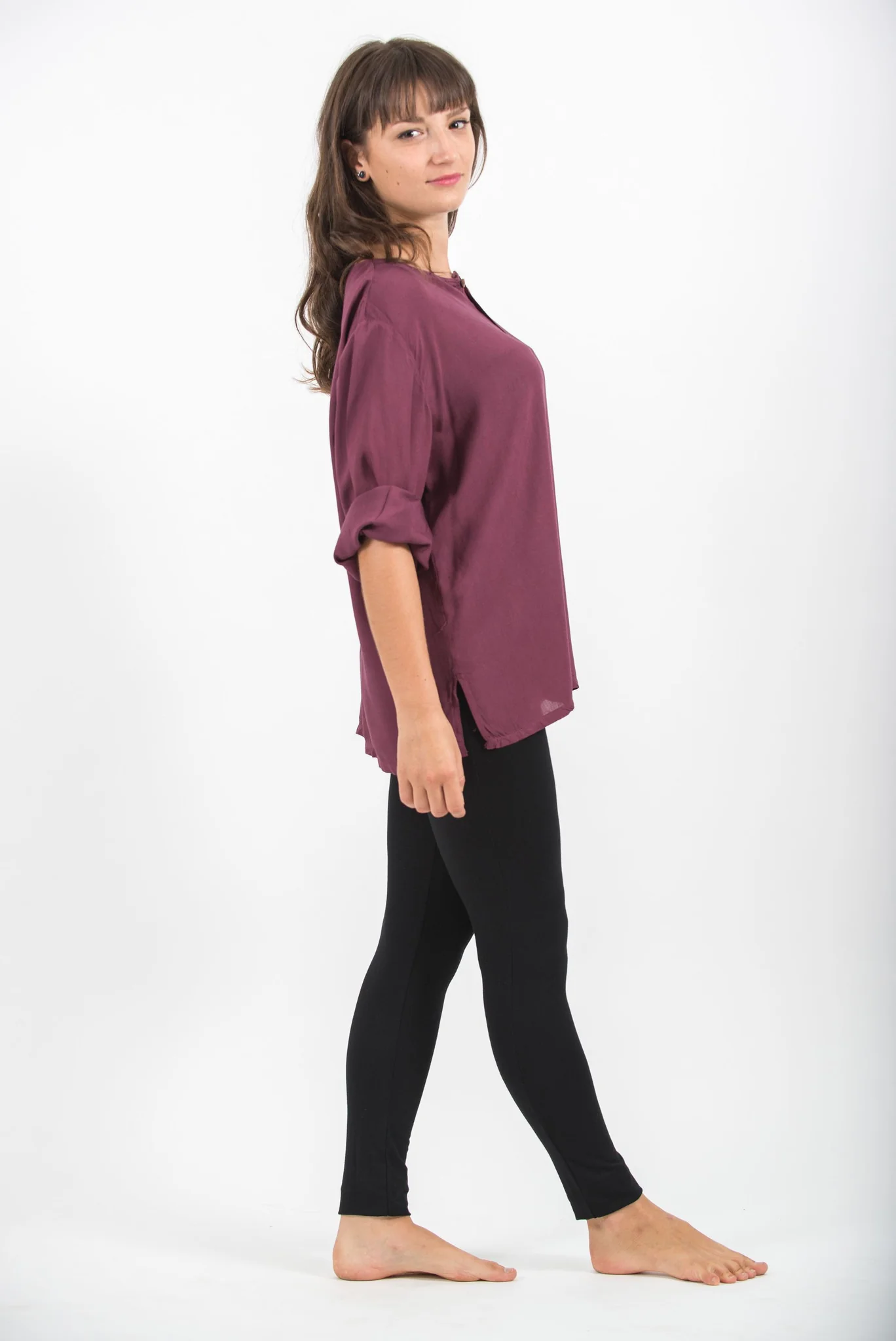 2033-Womens-Yoga-Shirts-No-Collar-with-Coconut-Buttons-in-Purple-3.webp Womens Yoga Shirts No Collar with Coconut Buttons in Purple