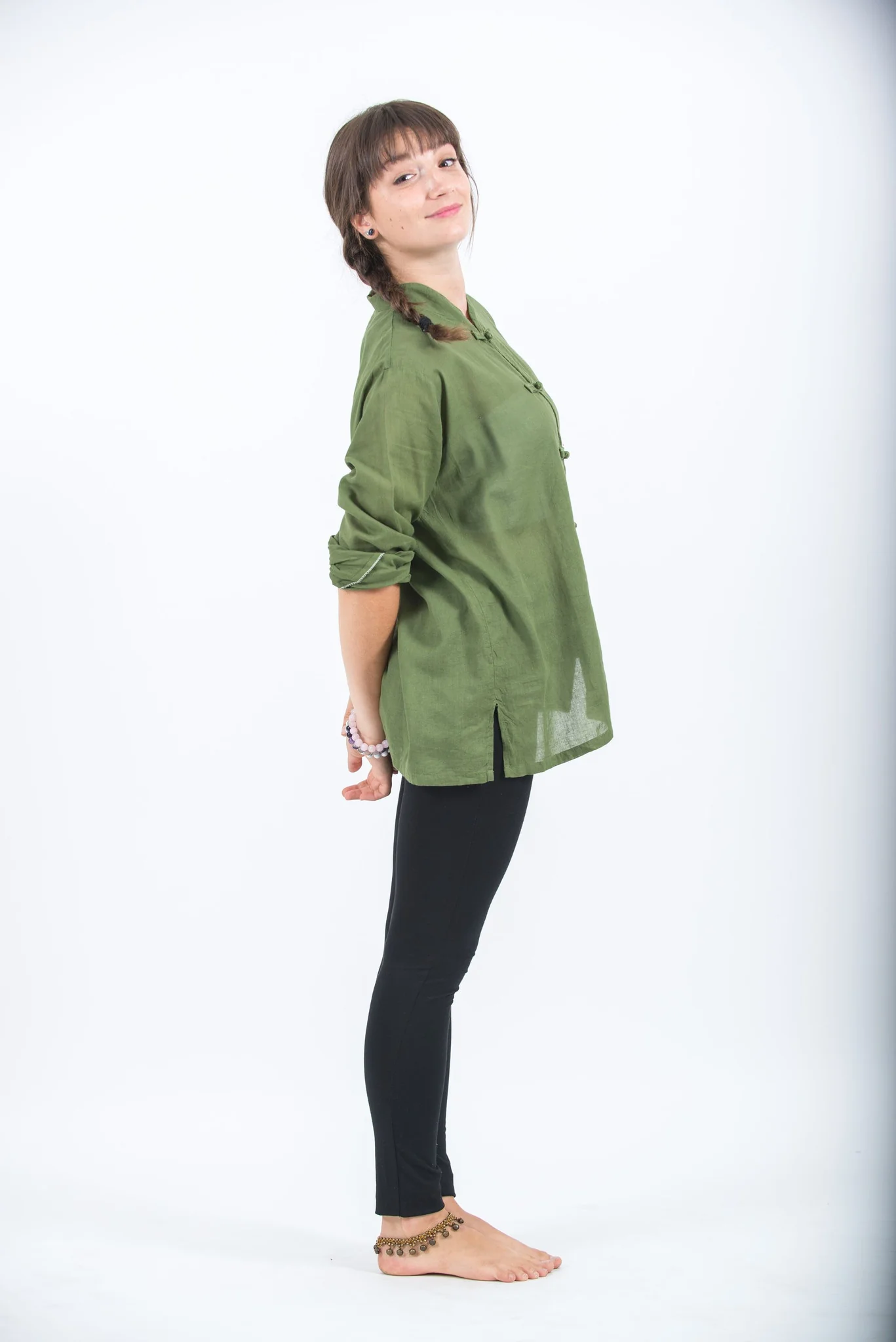 2043-Womens-Yoga-Shirts-Chinese-Collared-in-Olive-3.webp Womens Yoga Shirts Chinese Collared in Olive