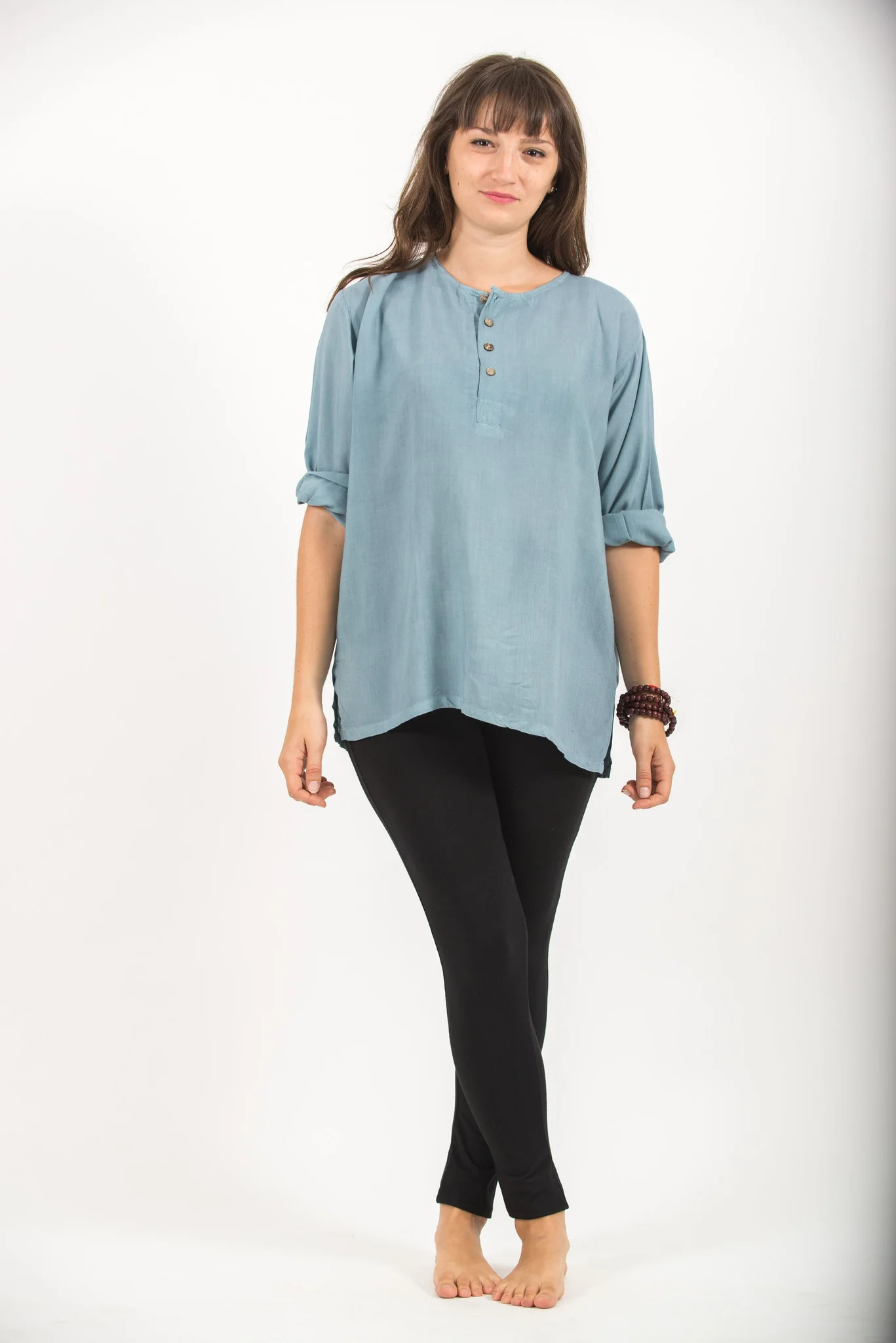 Womens Yoga Shirts No Collar with Coconut Buttons in Aqua