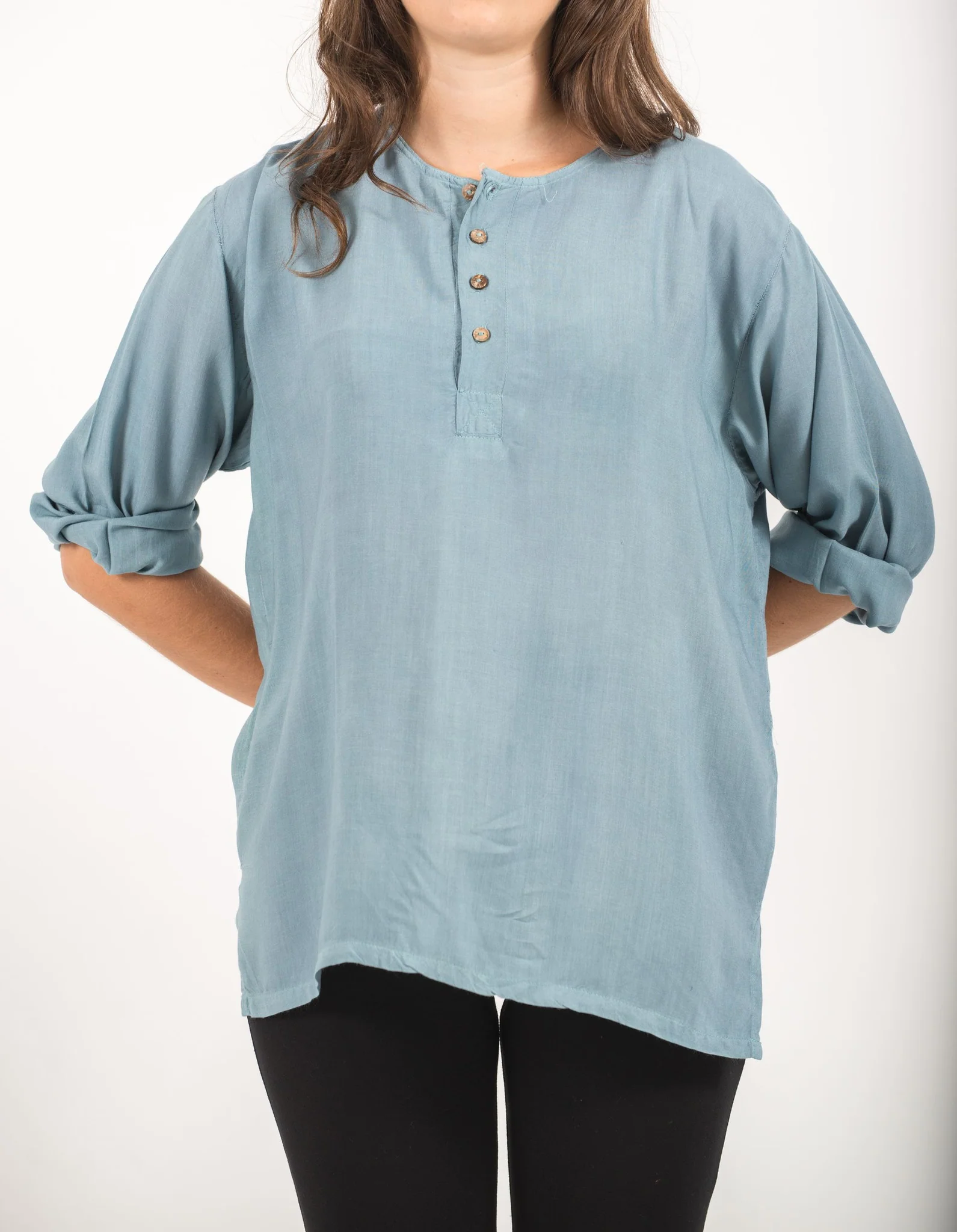 Womens Yoga Shirts No Collar with Coconut Buttons in Aqua