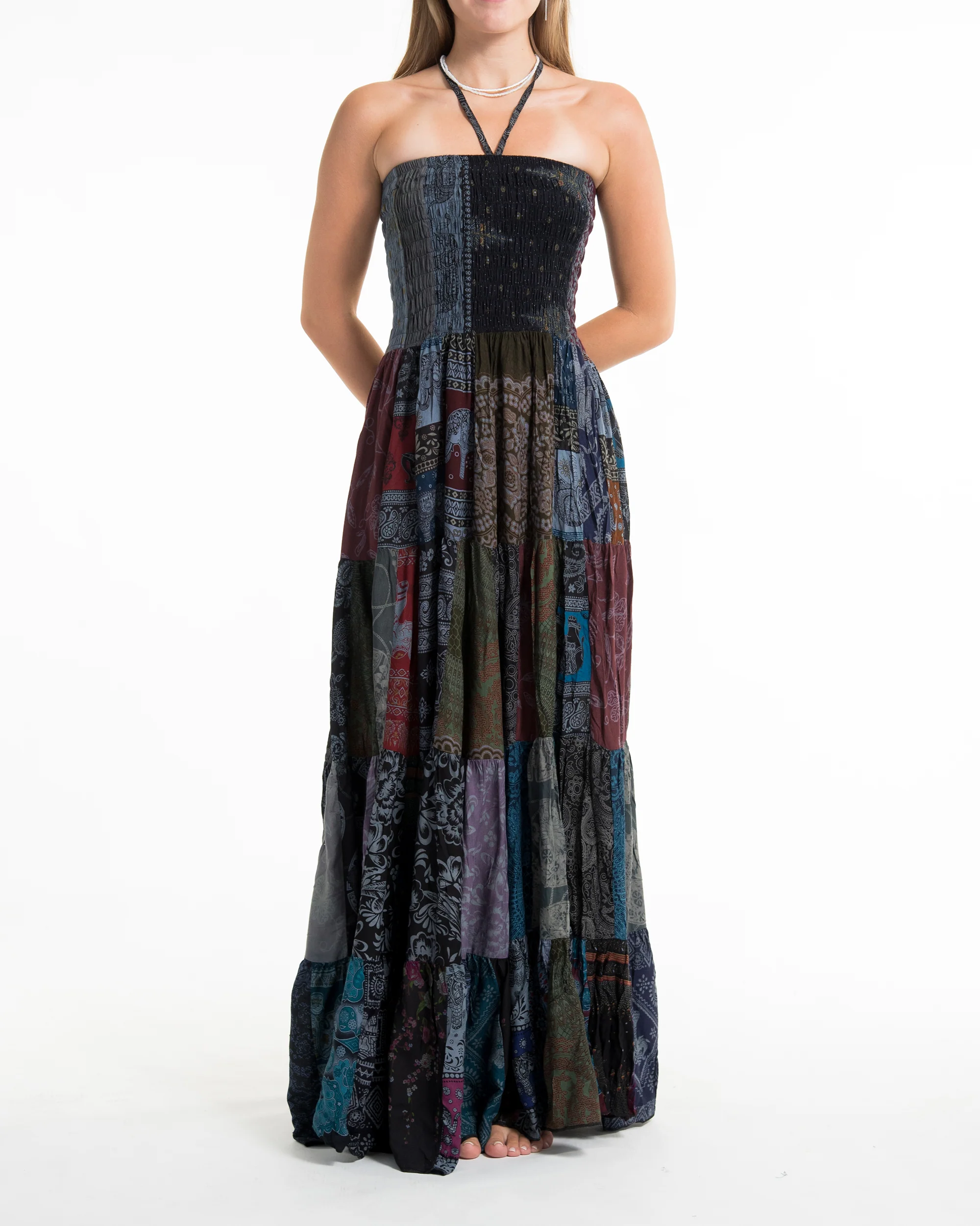 Upcycled Patchwork Multi Print Maxi Dress in Gray