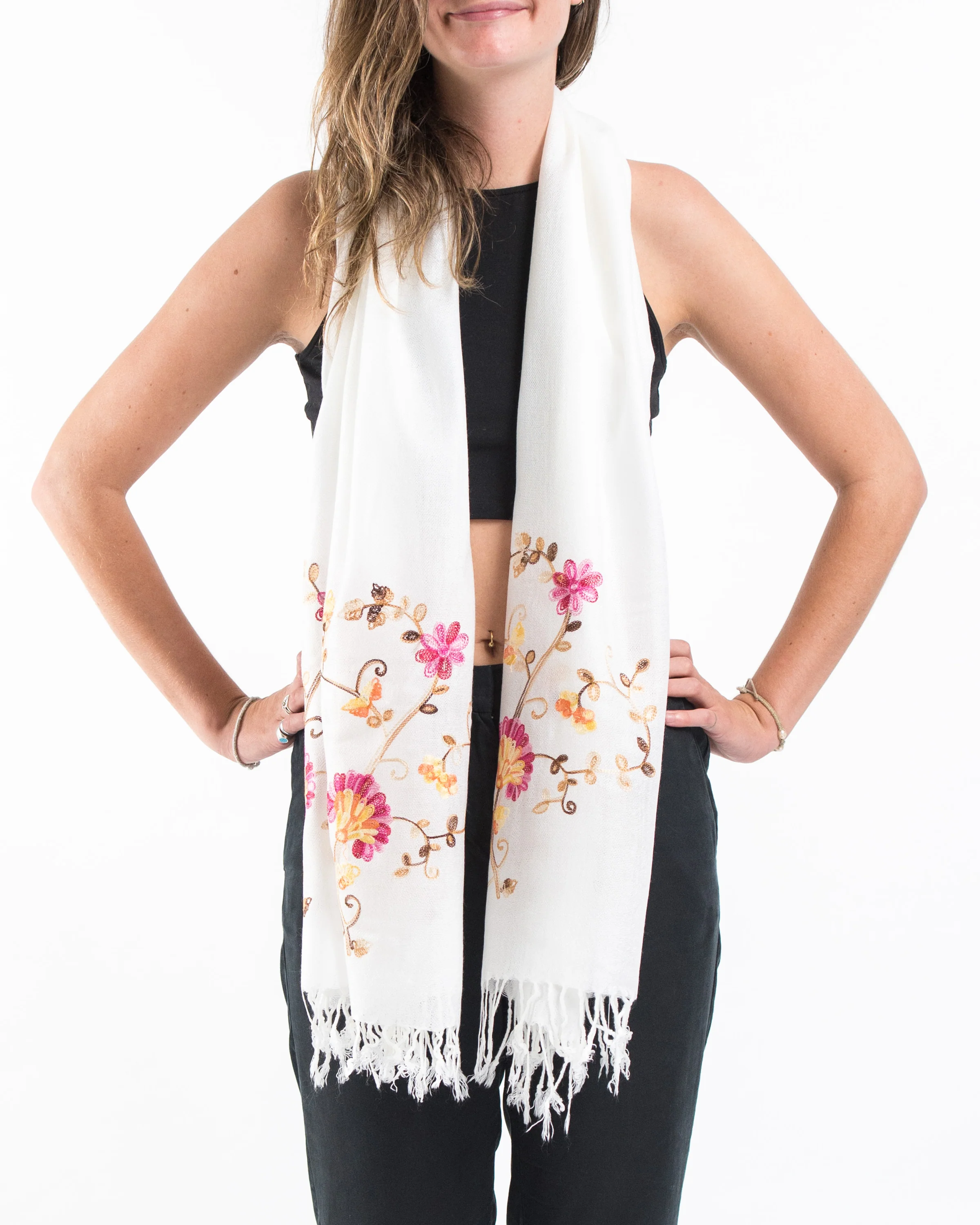 Nepal Floral Embroidered Pashmina Shawl Scarf in White