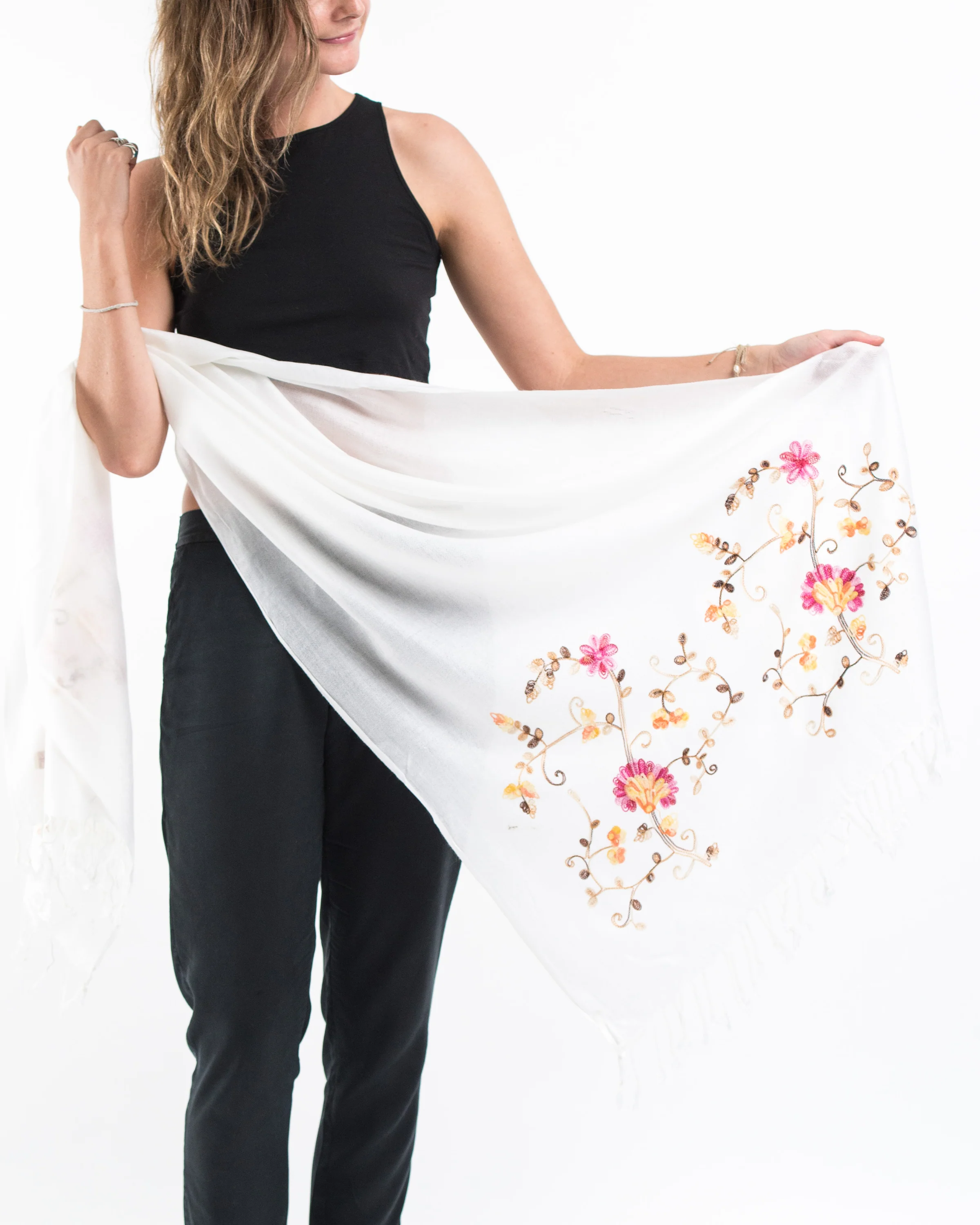 Nepal Floral Embroidered Pashmina Shawl Scarf in White