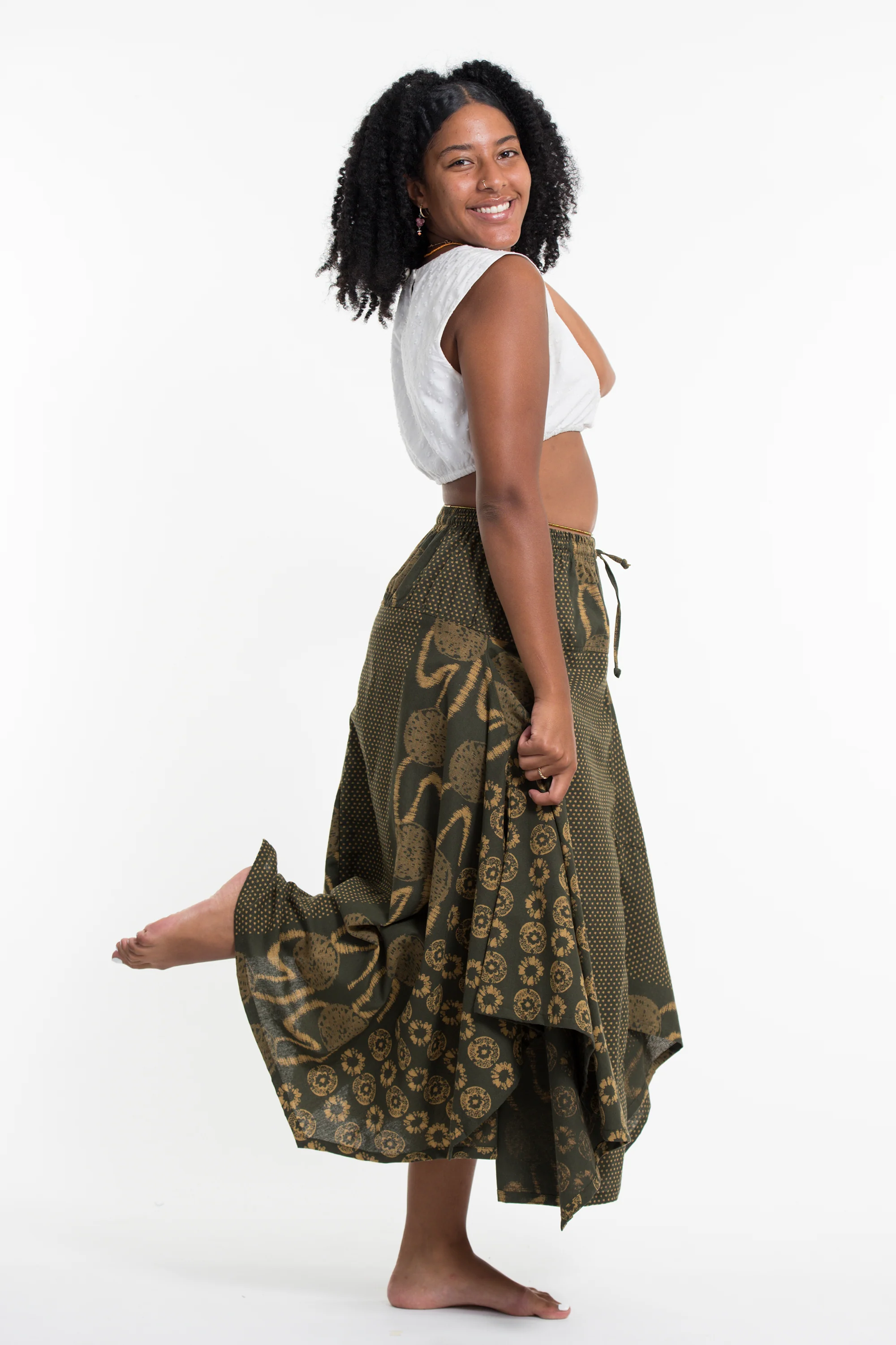 2107-Daisy-Dot-Prints-Cotton-Handkerchief-Midi-Skirt-in-Olive-3.webp Daisy Dot Prints Cotton Handkerchief Midi Skirt in Olive