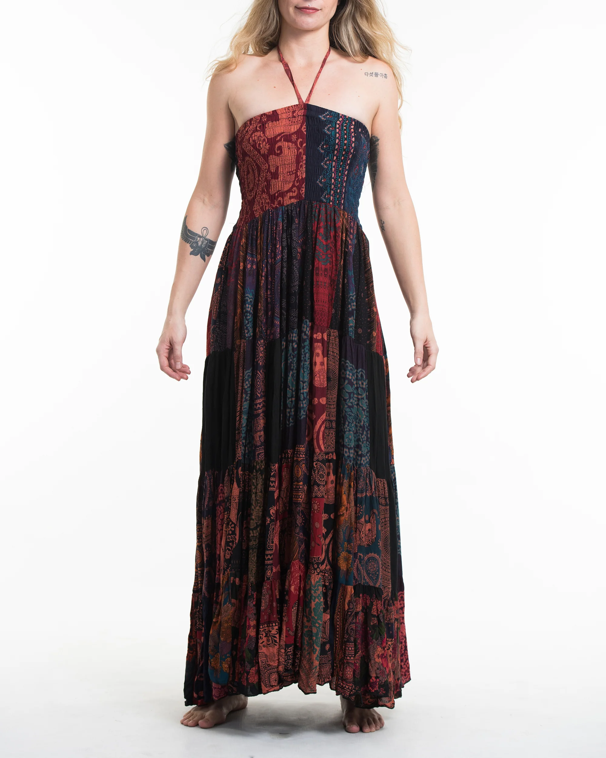 Upcycled Patchwork Multi Print Maxi Dress in Orange