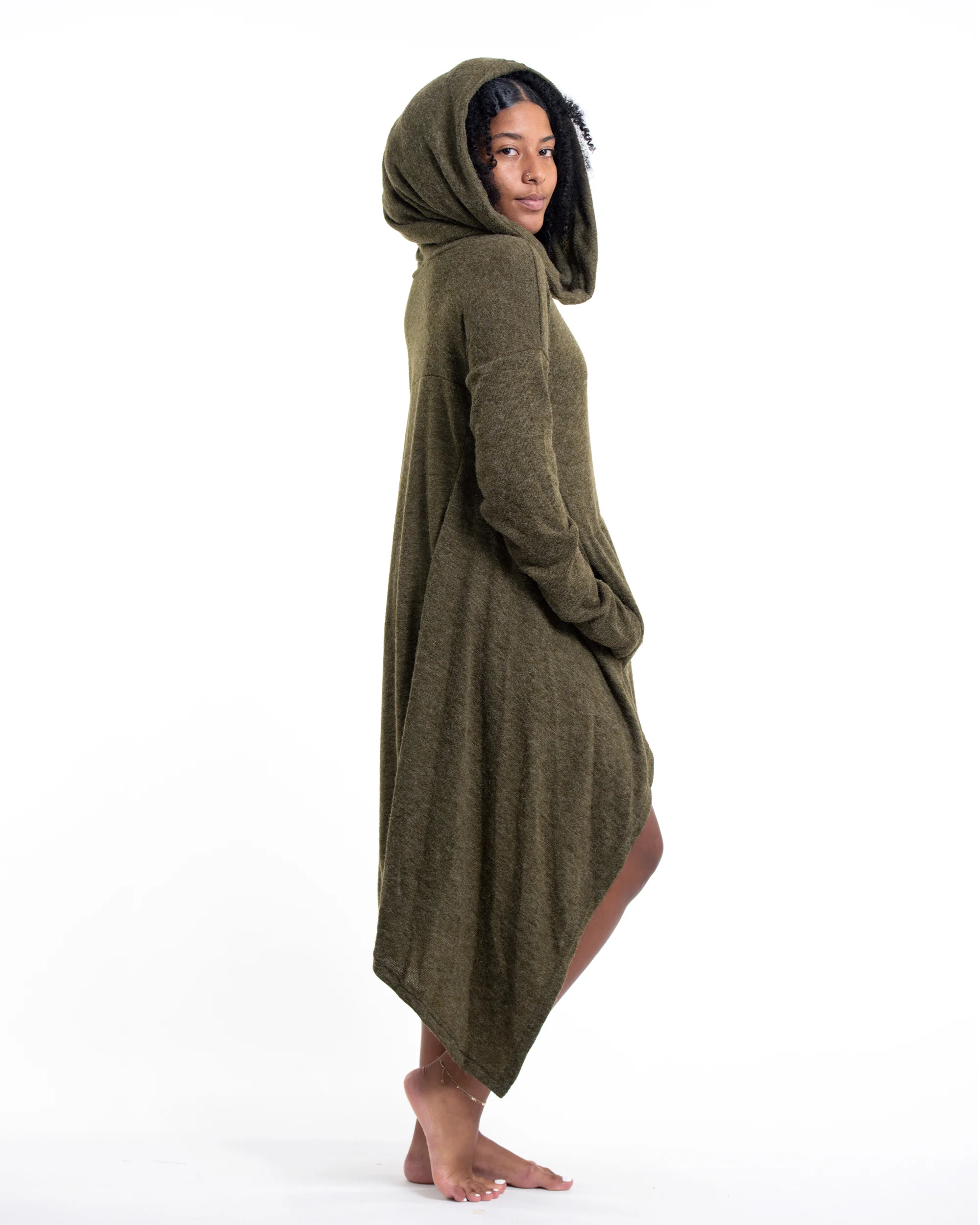 Ultra Long Hooded Sweater in Green