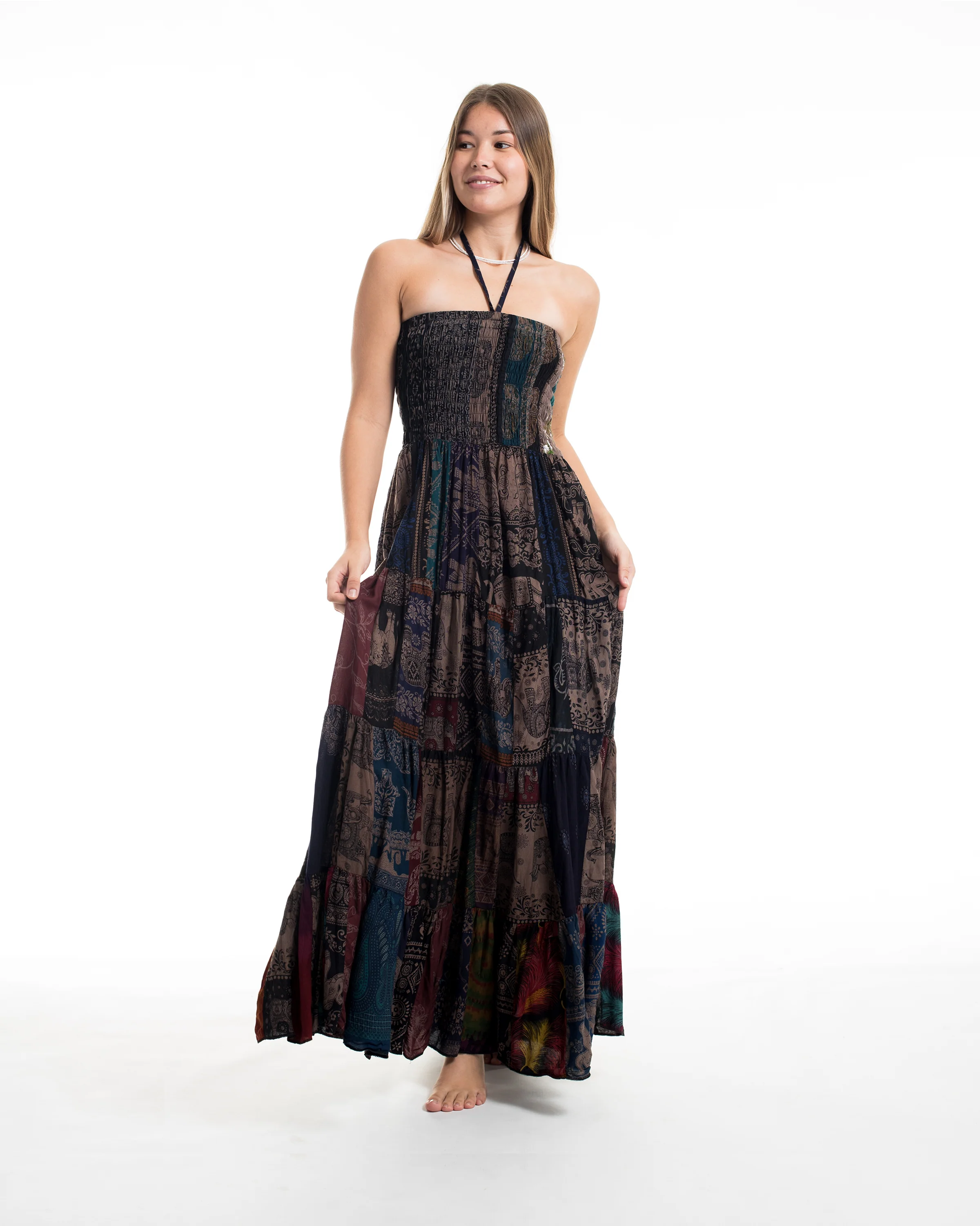 Upcycled Patchwork Multi Print Maxi Dress in Brown