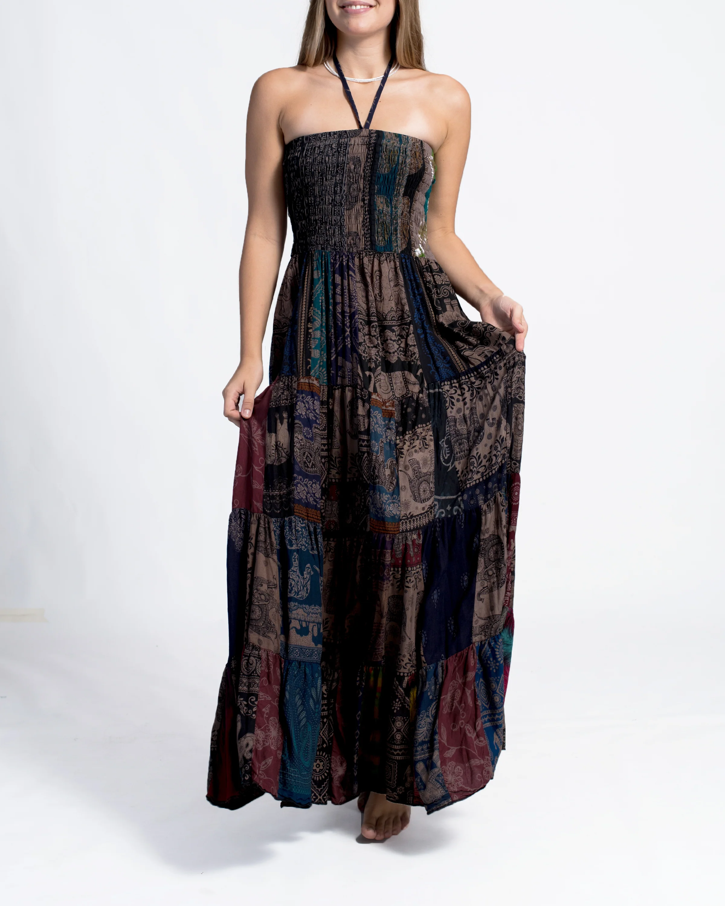 Upcycled Patchwork Multi Print Maxi Dress in Brown