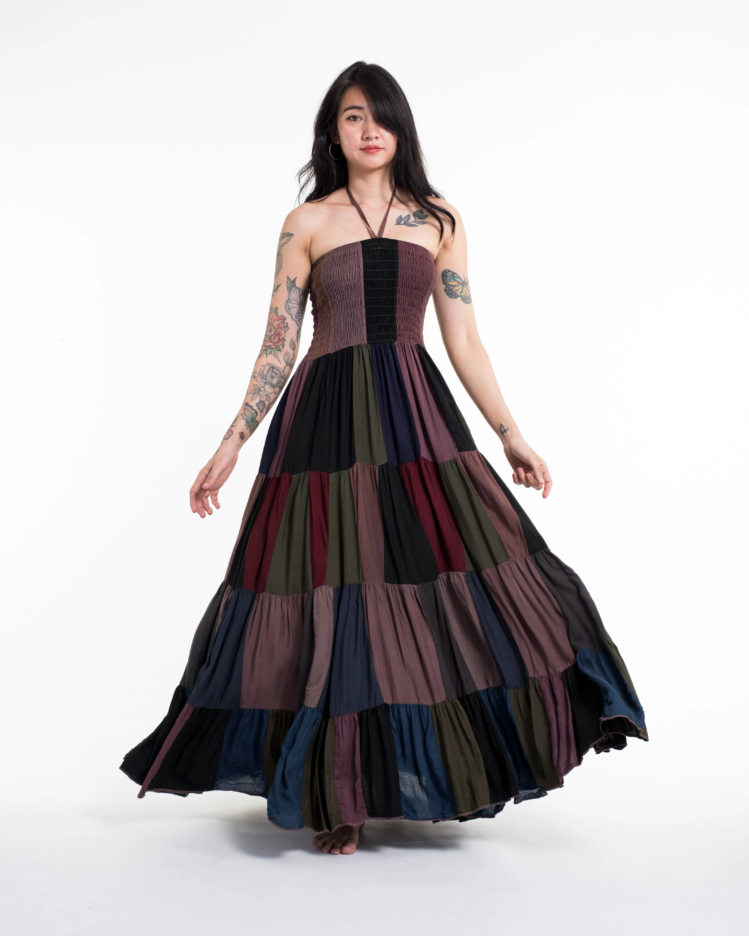 Upcycled Patchwork Maxi Dress in Brown