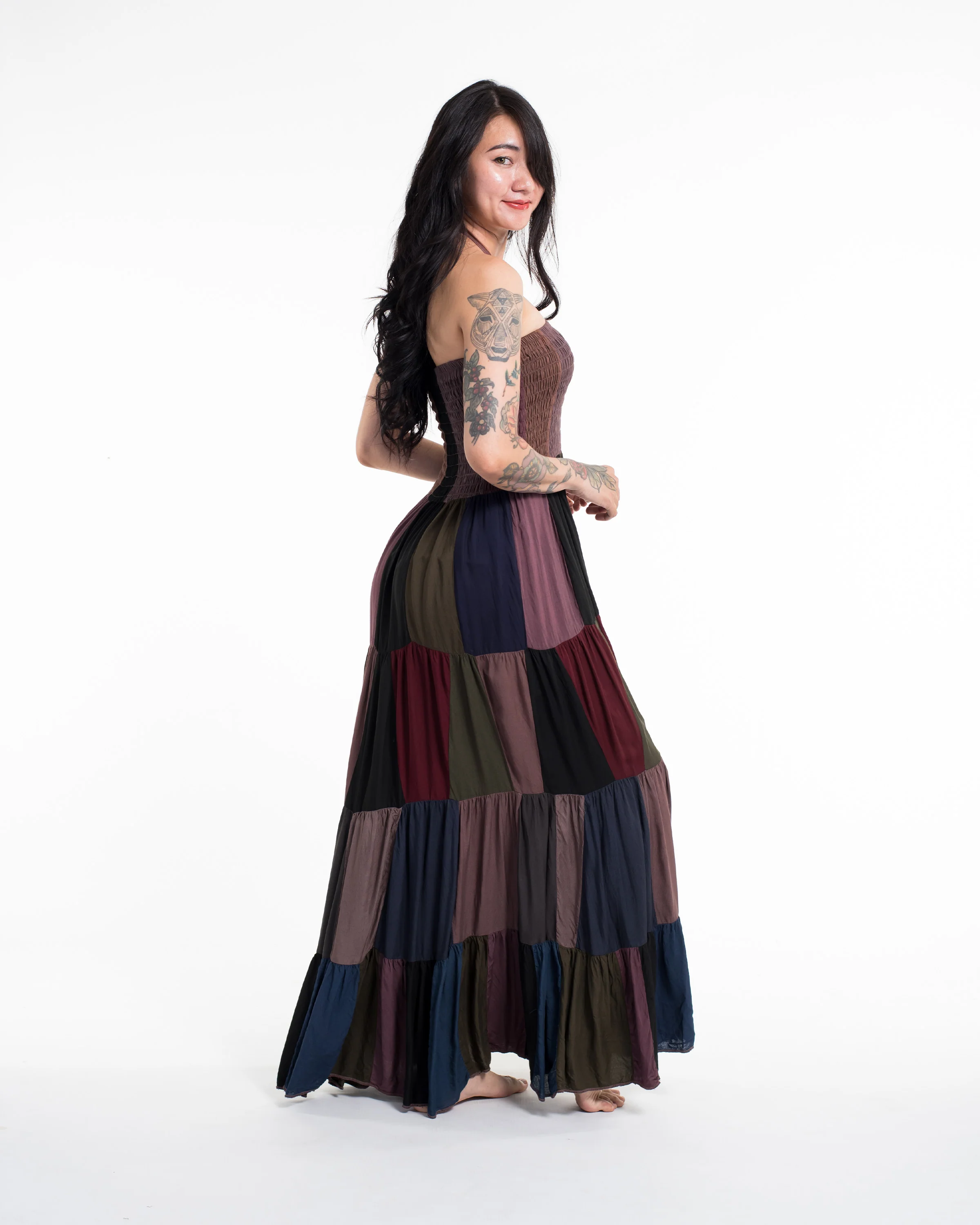 2169-Upcycled-Patchwork-Maxi-Dress-in-Brown-3.webp Upcycled Patchwork Maxi Dress in Brown