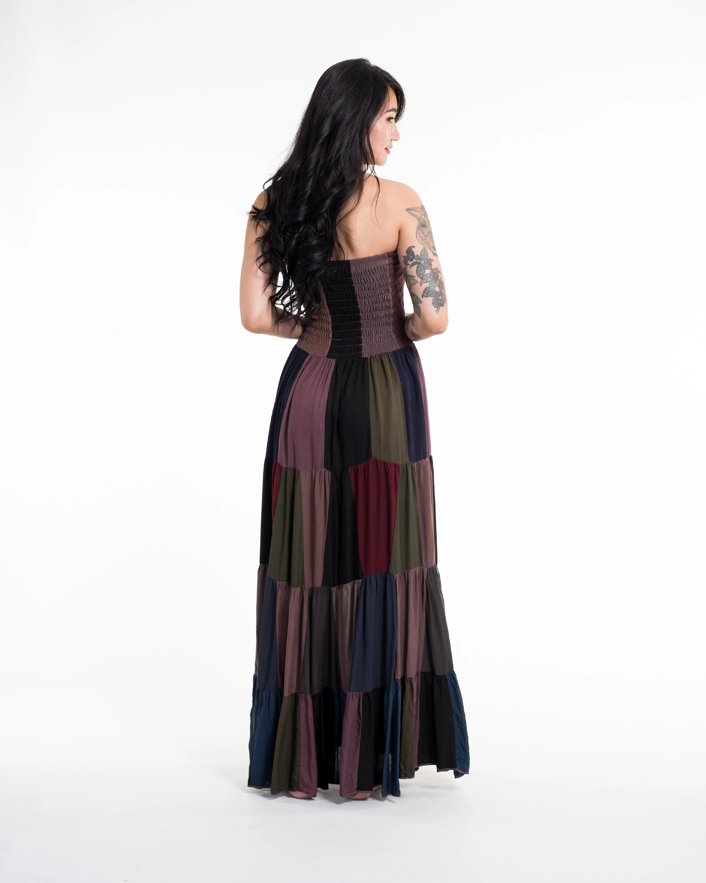 2169-Upcycled-Patchwork-Maxi-Dress-in-Brown-4.webp Upcycled Patchwork Maxi Dress in Brown