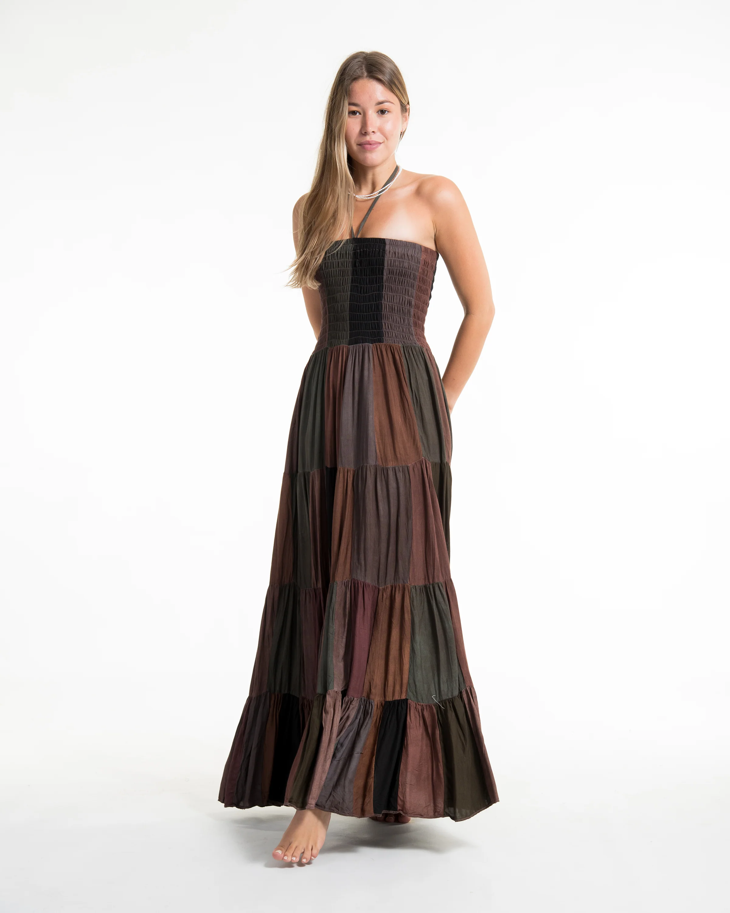 2169-Upcycled-Patchwork-Maxi-Dress-in-Brown-5.webp Upcycled Patchwork Maxi Dress in Brown