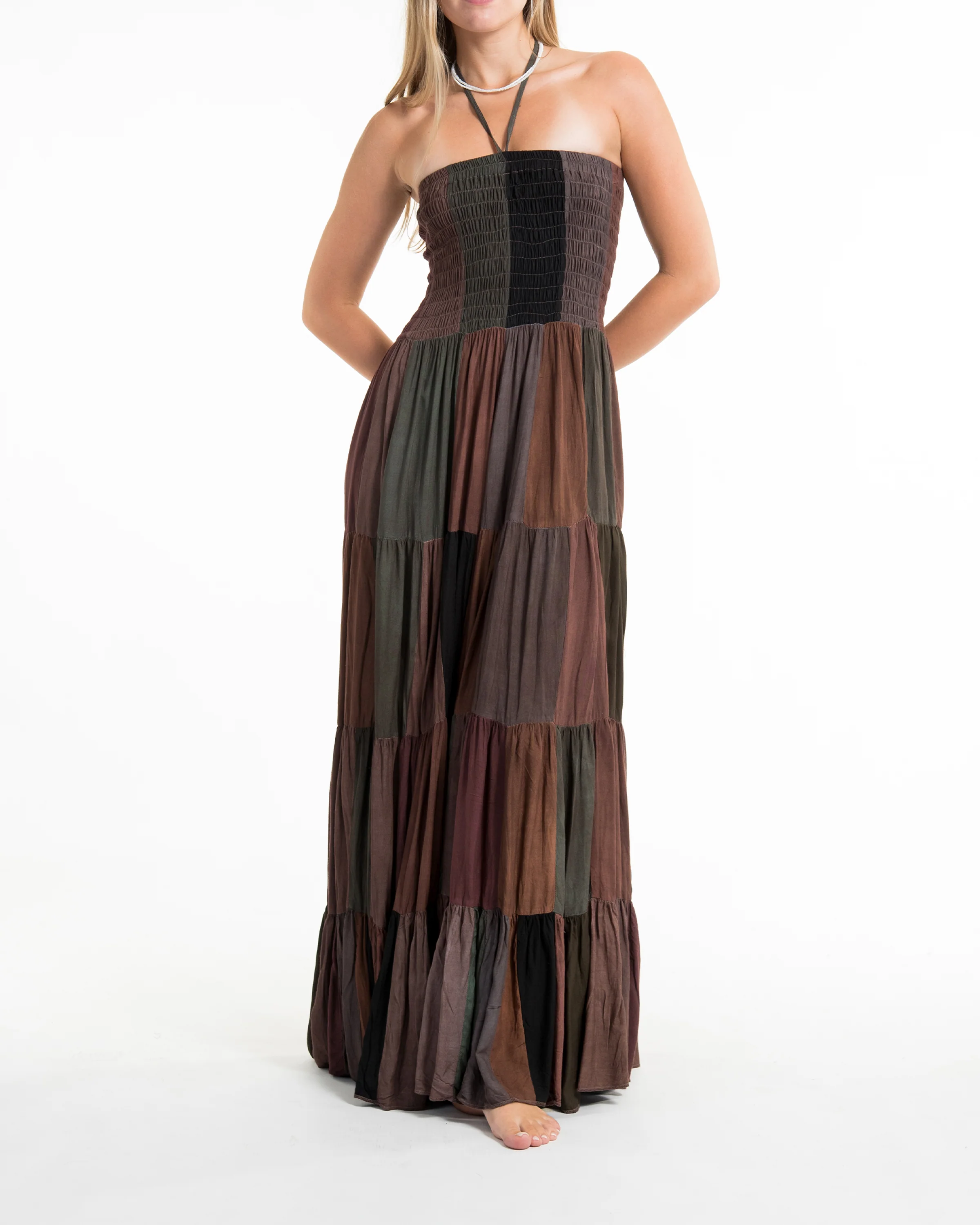 2169-Upcycled-Patchwork-Maxi-Dress-in-Brown-6.webp Upcycled Patchwork Maxi Dress in Brown