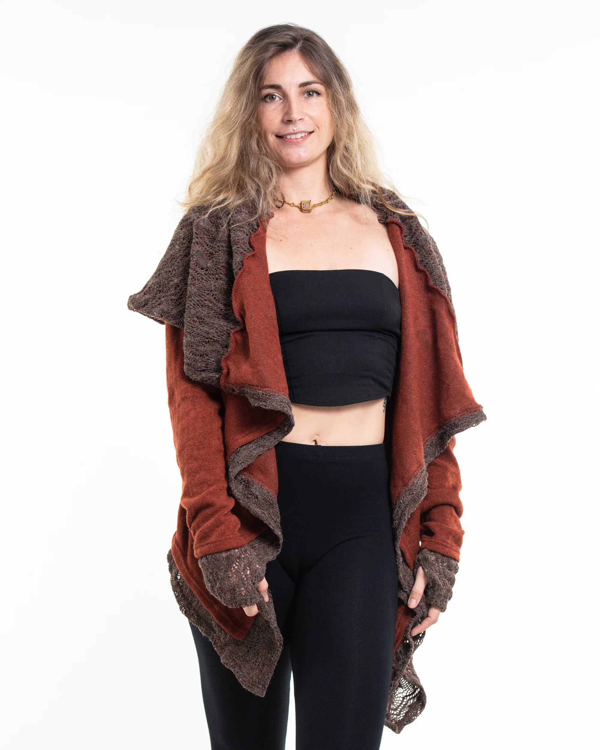 Hooded Shawl Cardigan in Brick