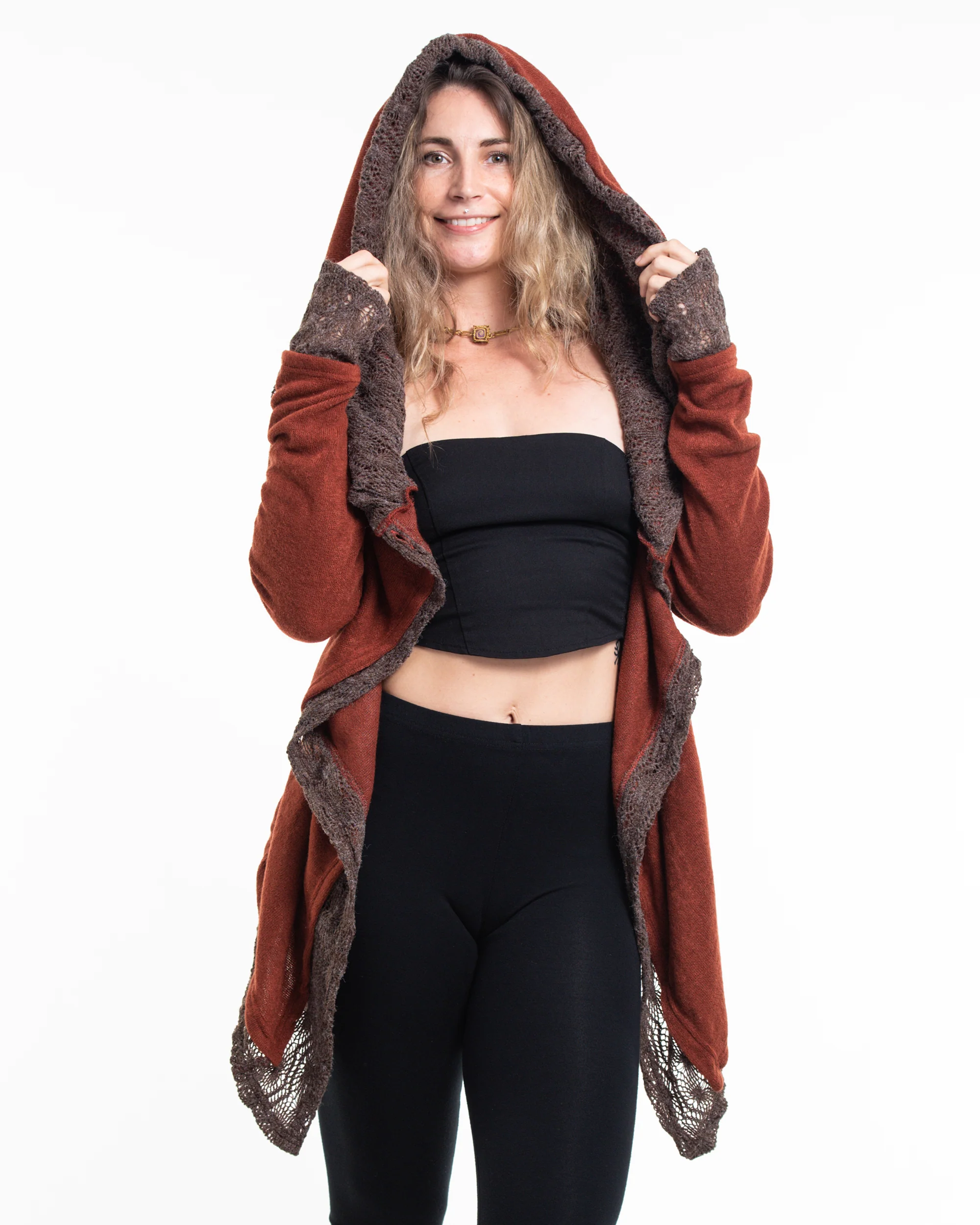 Hooded Shawl Cardigan in Brick