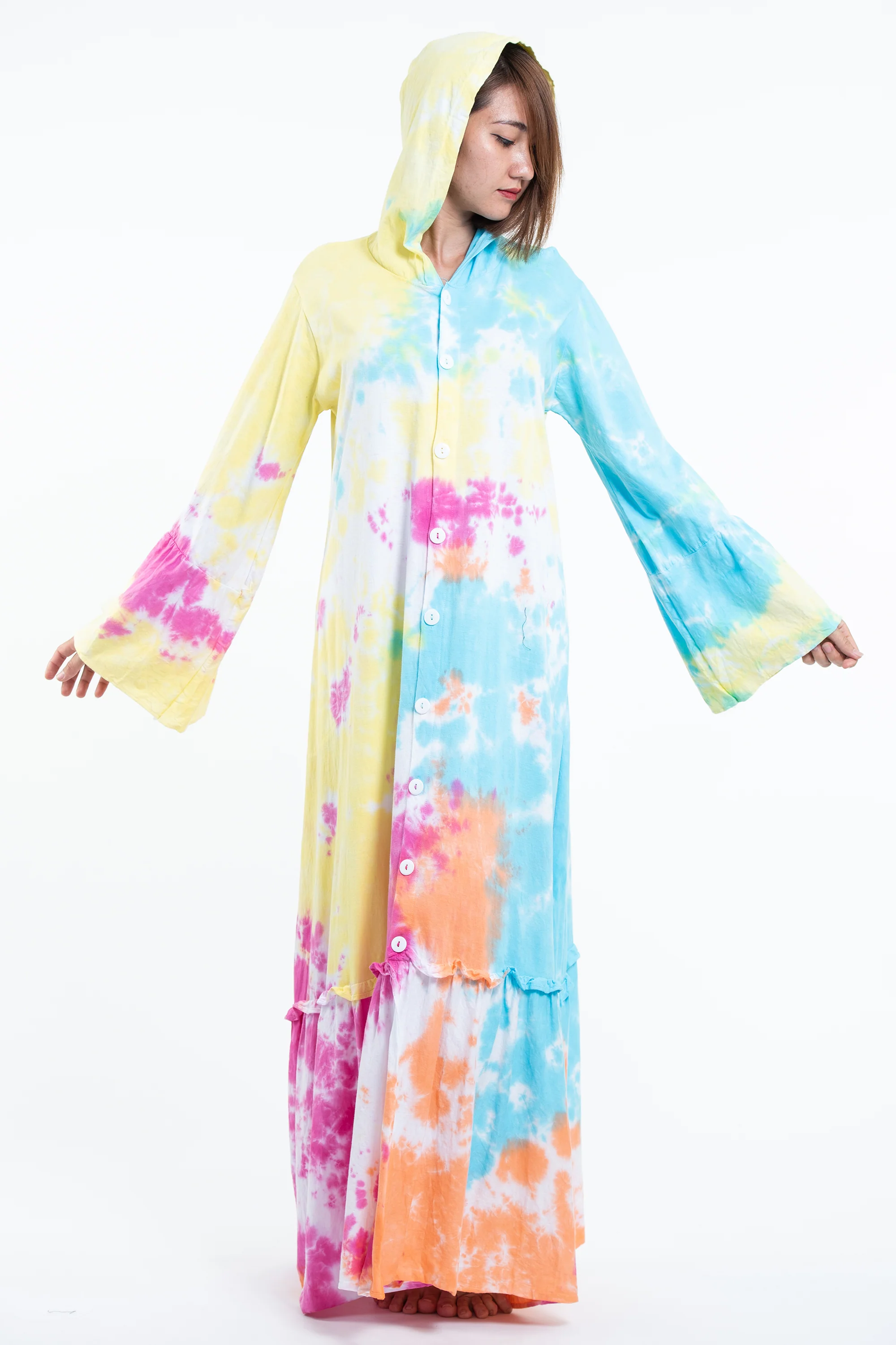 Tie Dye Hoodie Long Sleeve Maxi Dress in Cotton Candy