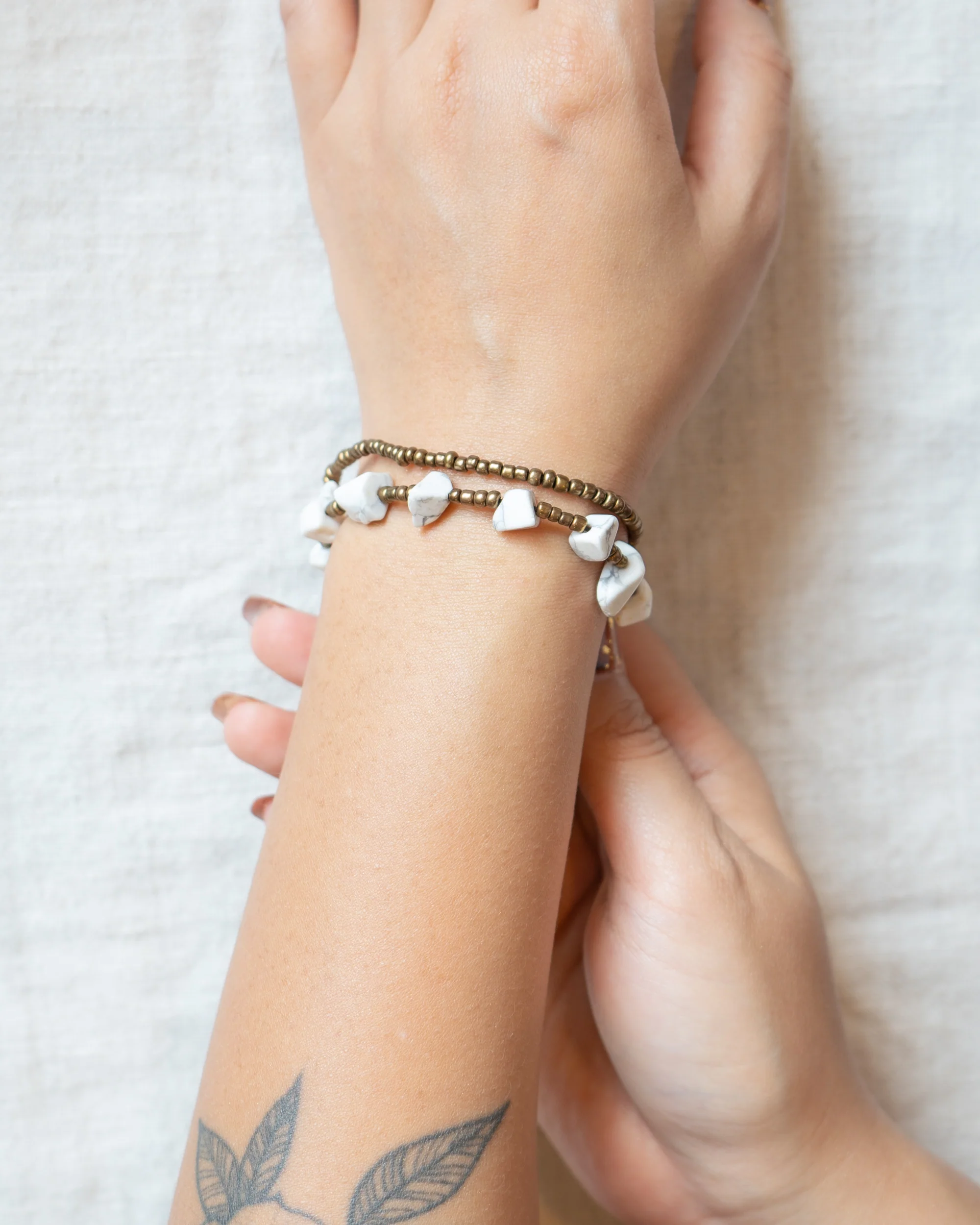 Brass Bead And White Stone Double Strand Bracelets