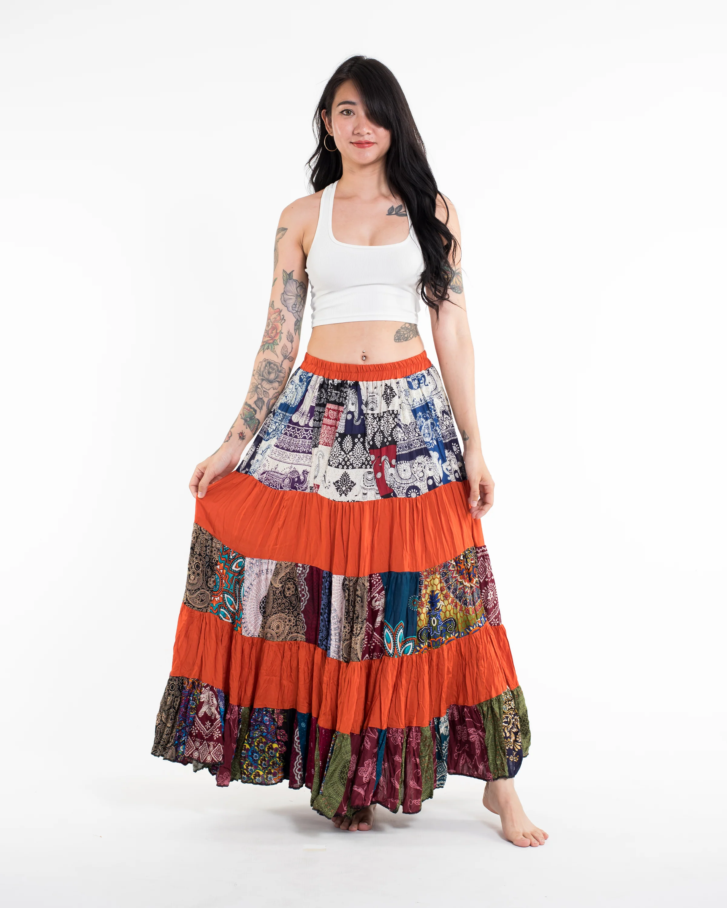Patchwork Long Skirt in Bright Orange