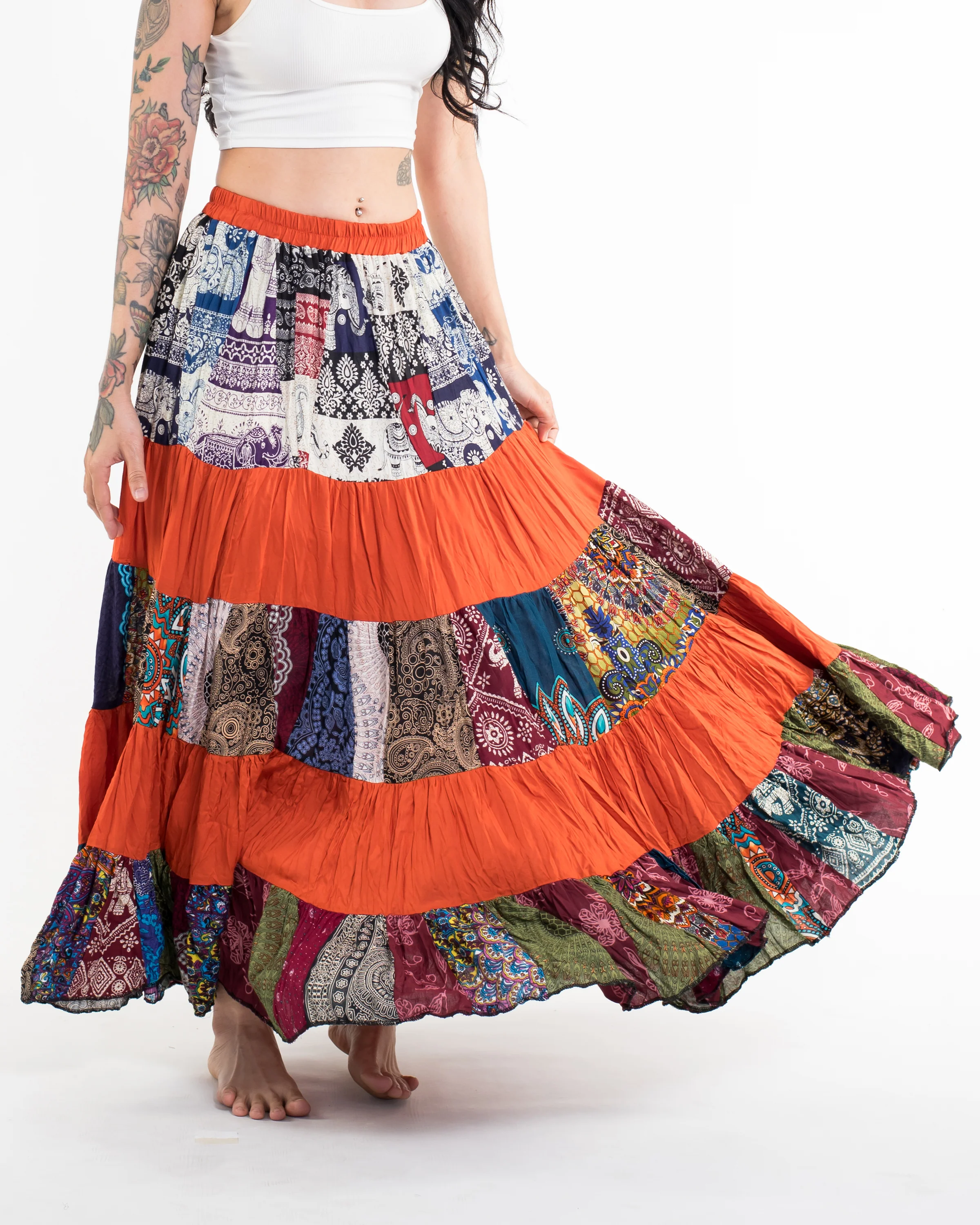 Patchwork Long Skirt in Bright Orange