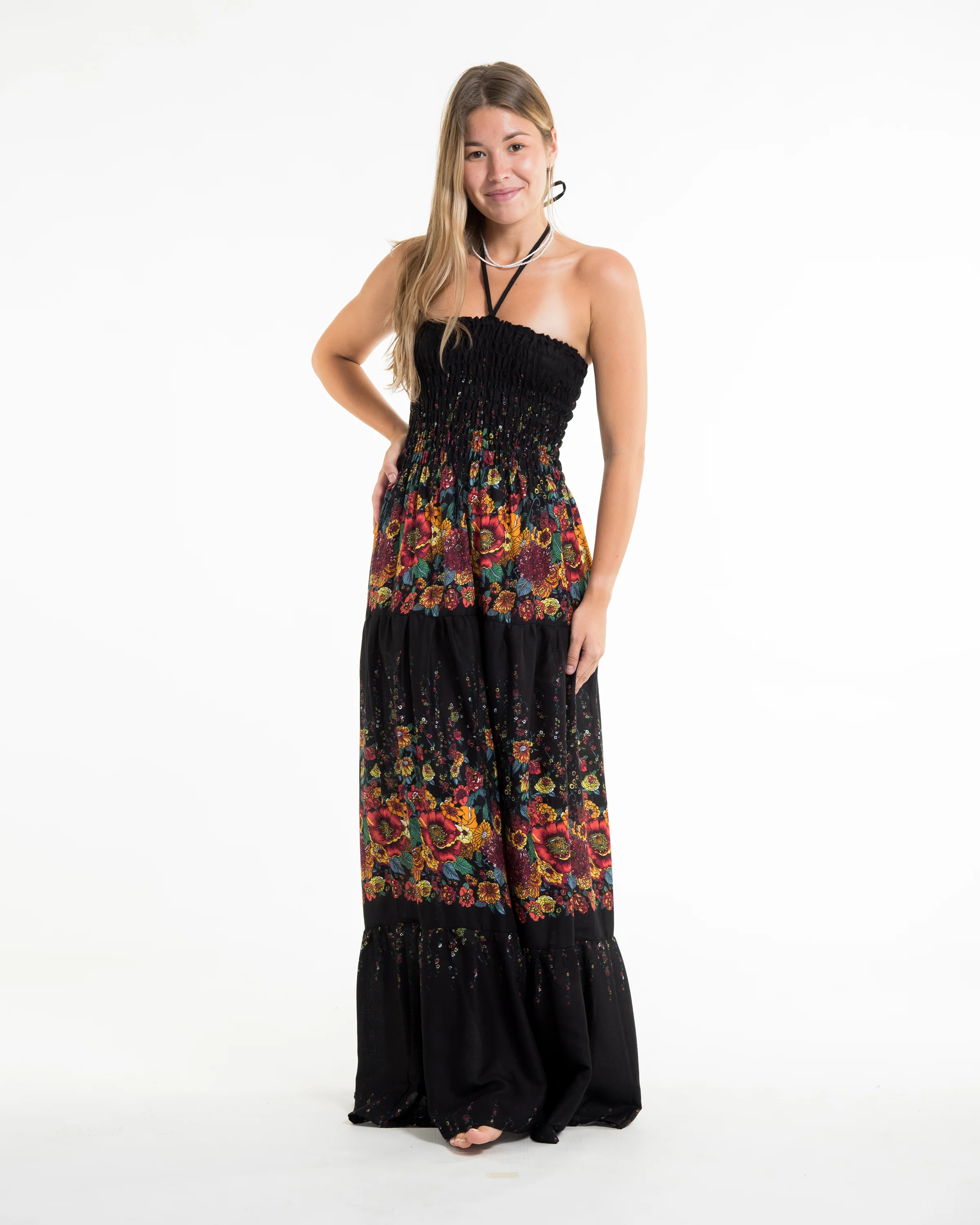 Floral Smocked Maxi Dress in Black