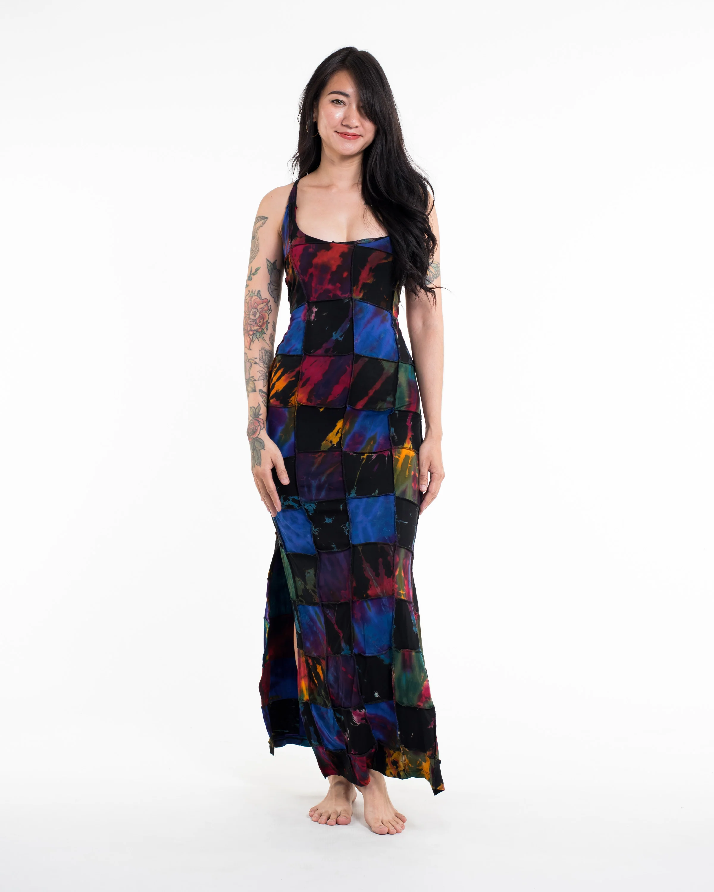 Tie Back Patchwork Tie-Dye Long Dress in Multi Black