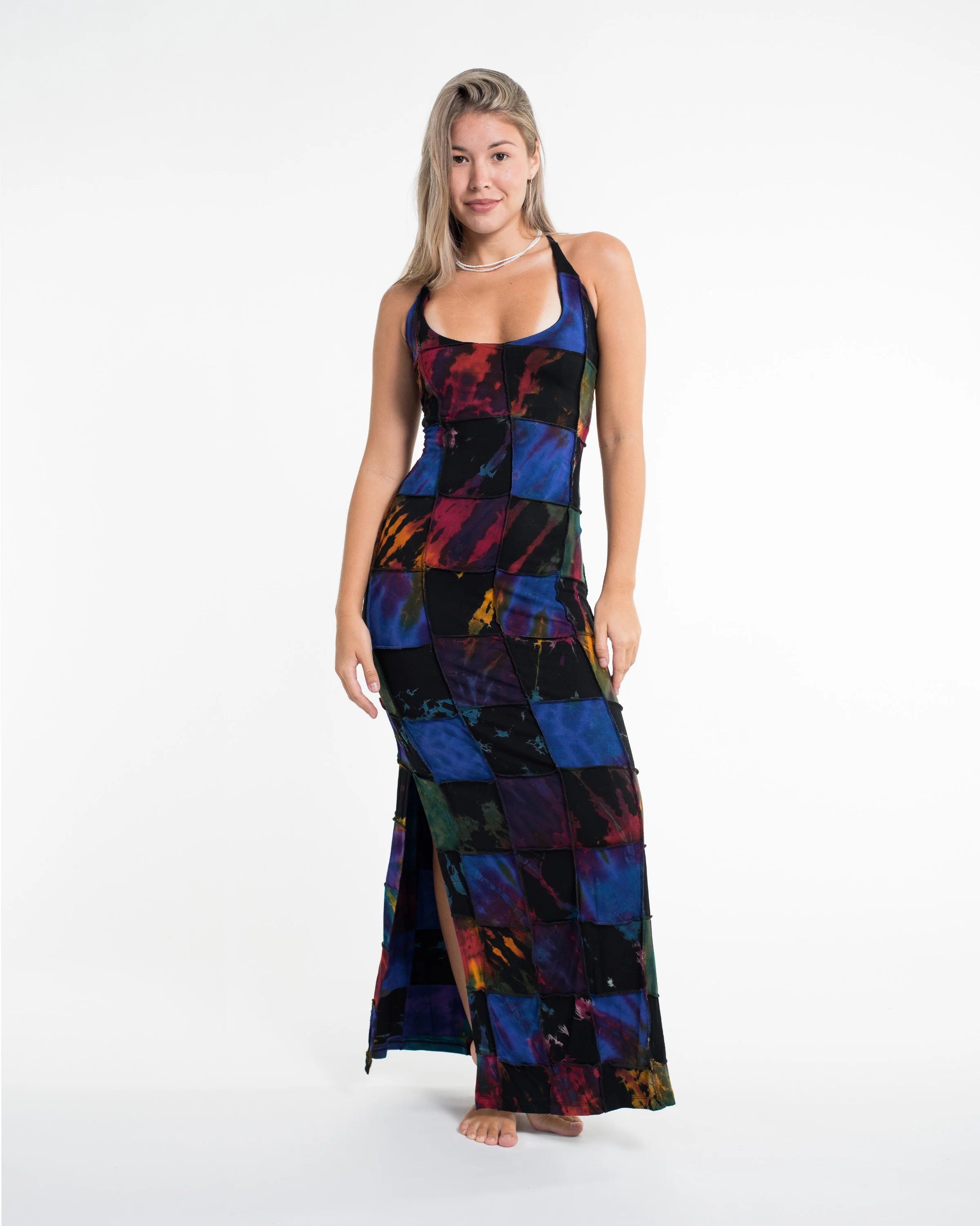 2201-Tie-Back-Patchwork-Tie-Dye-Long-Dress-in-Multi-Black-4.webp Tie Back Patchwork Tie-Dye Long Dress in Multi Black