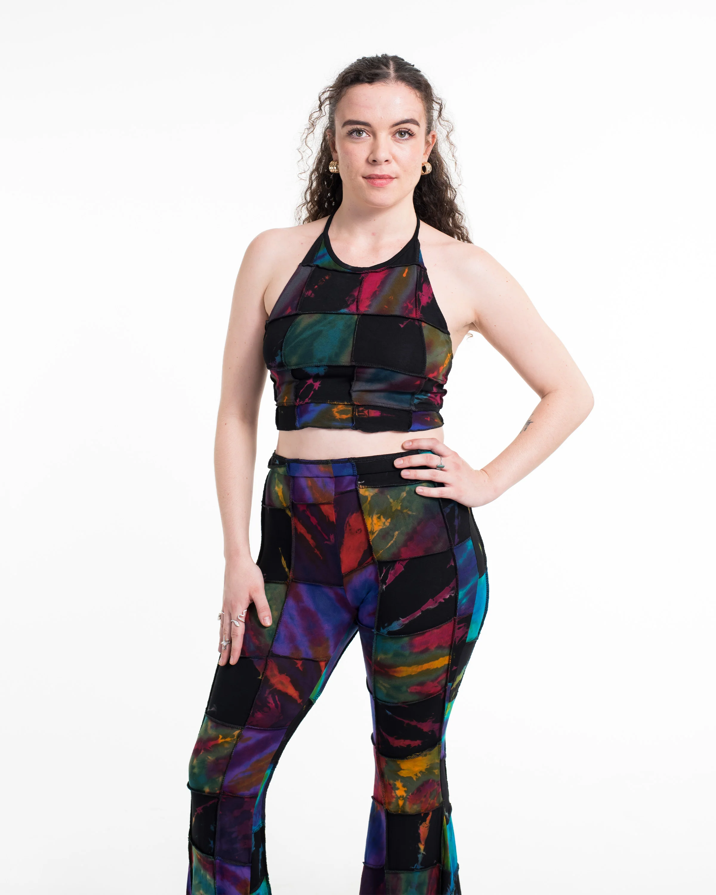 Patchwork Tie Dye Halter Top in Multi Black