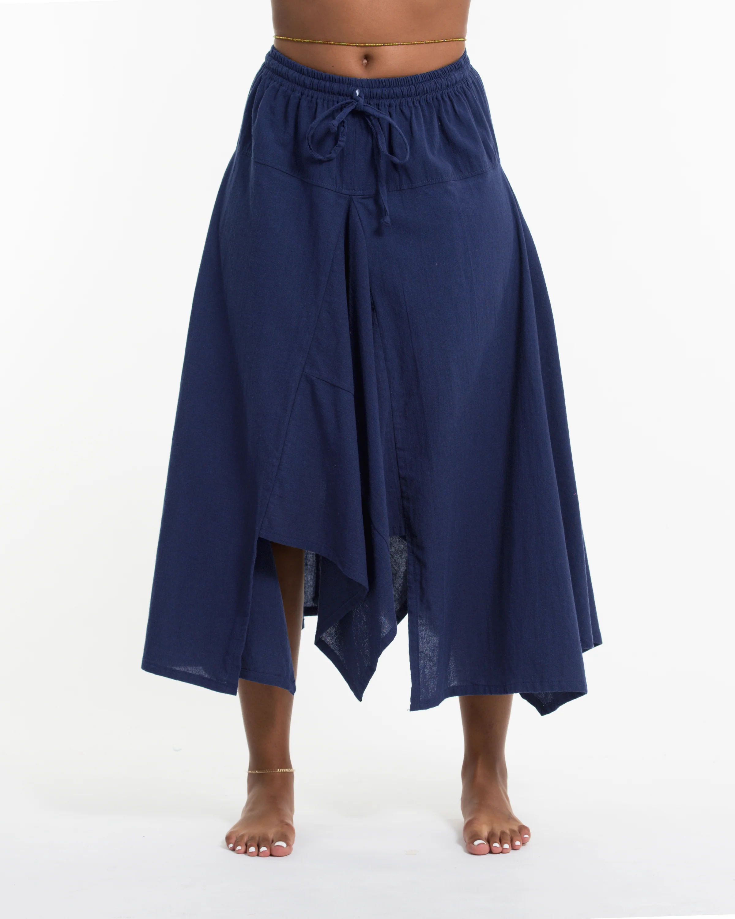 Solid Color Cotton Handkerchief Midi Skirt in Navy