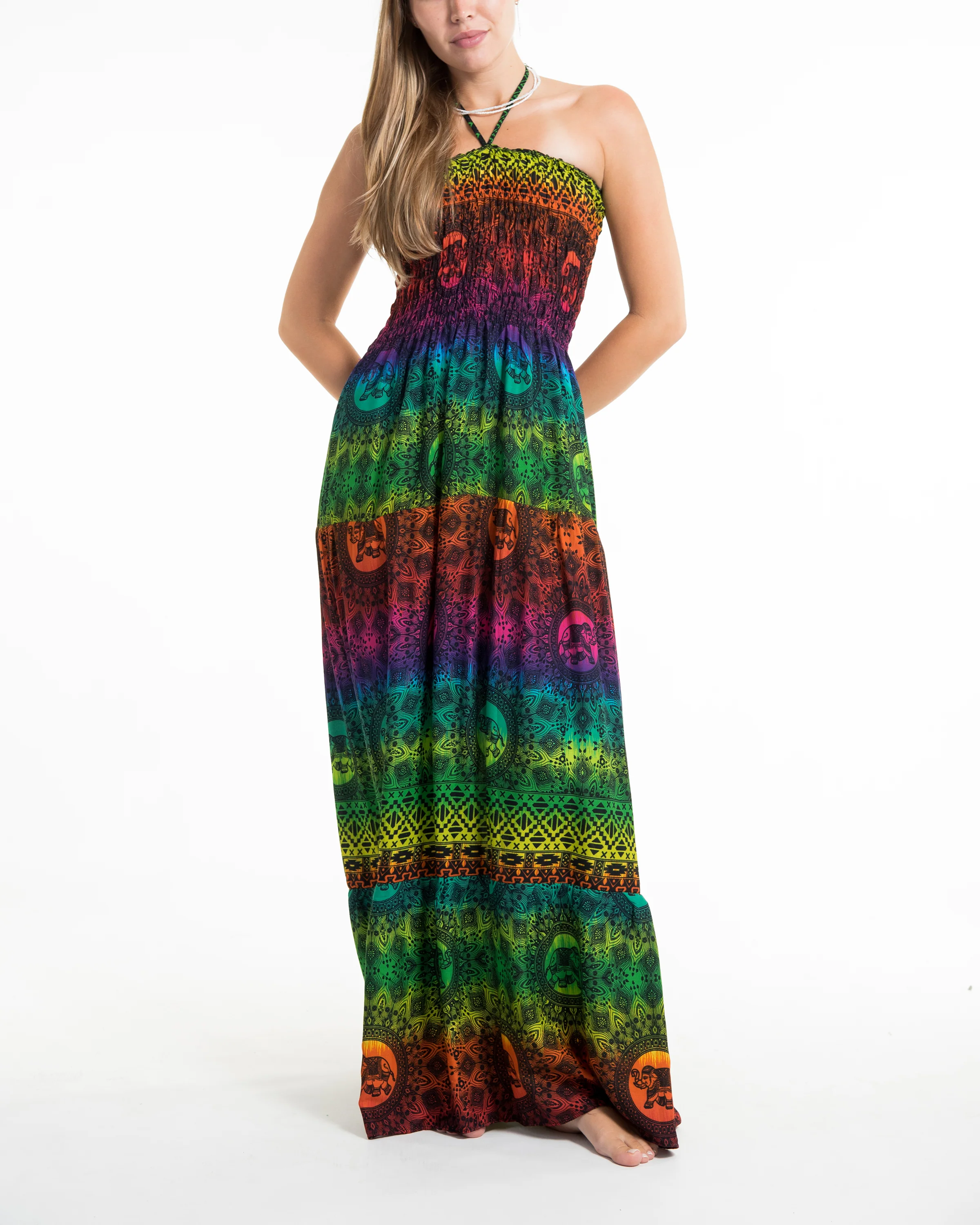 Rainbow Elephant Smocked Maxi Dress in Green