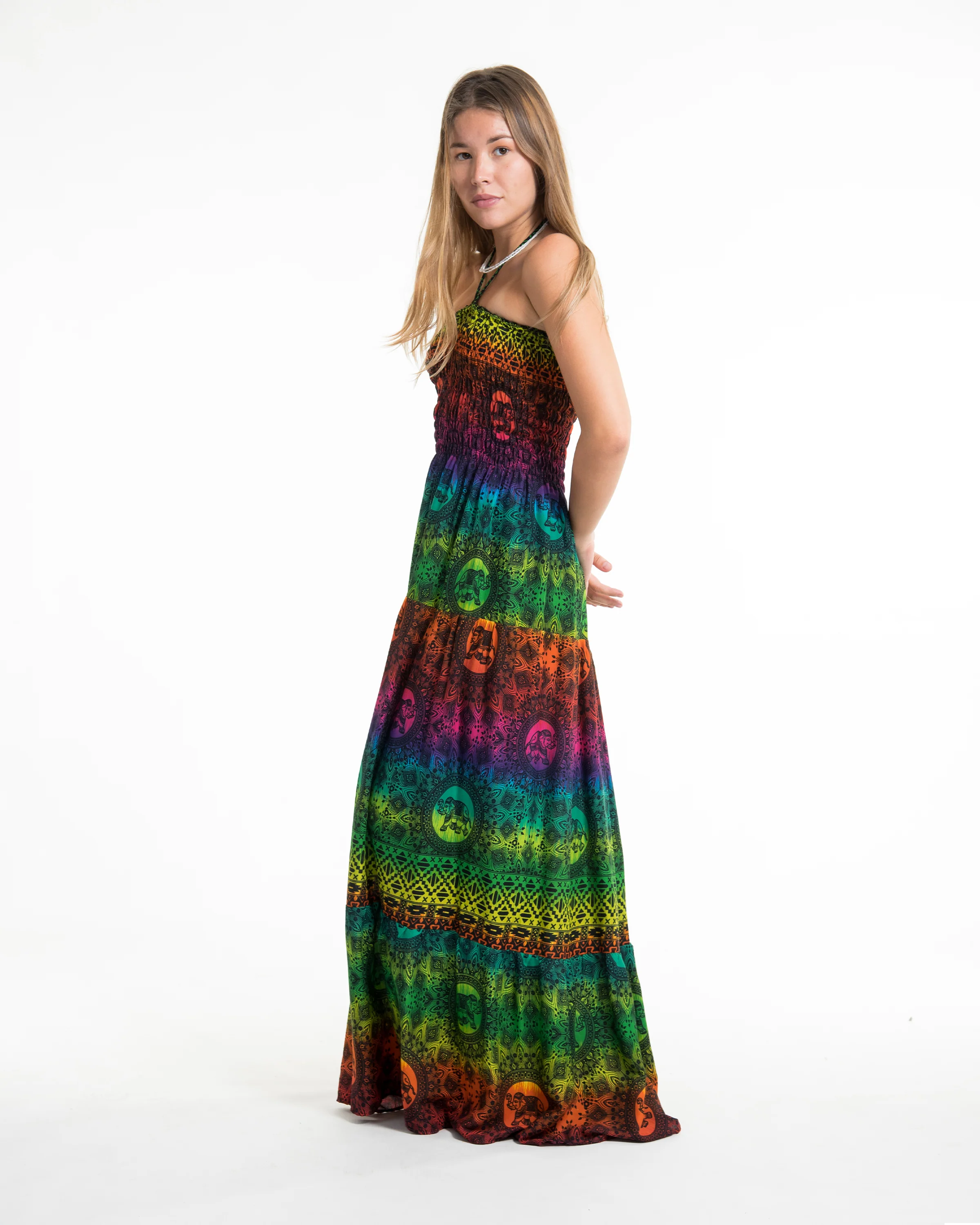 2211-Rainbow-Elephant-Smocked-Maxi-Dress-in-Green-3.webp Rainbow Elephant Smocked Maxi Dress in Green