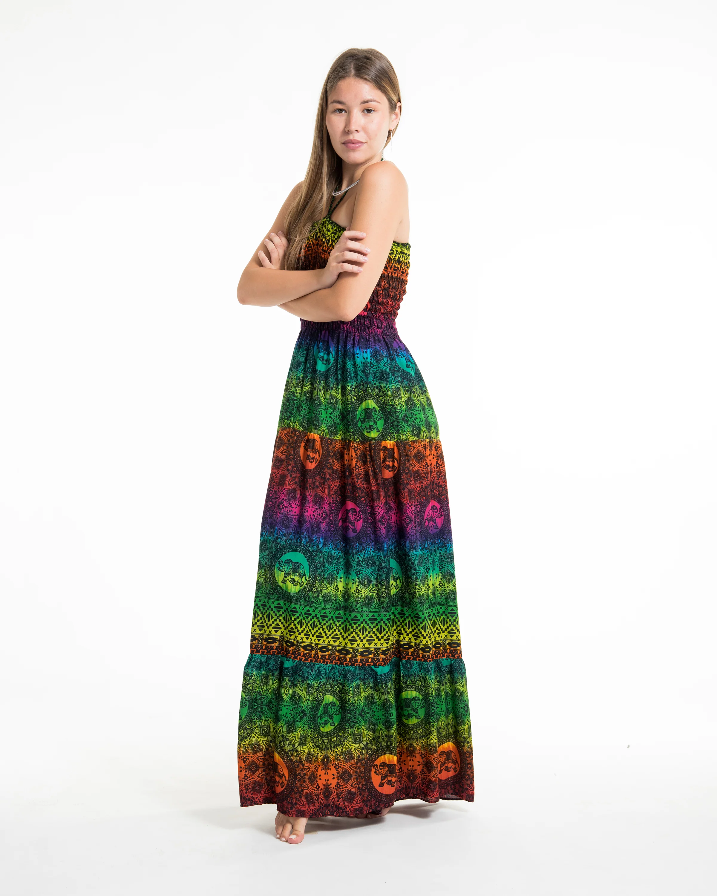 2211-Rainbow-Elephant-Smocked-Maxi-Dress-in-Green-5.webp Rainbow Elephant Smocked Maxi Dress in Green