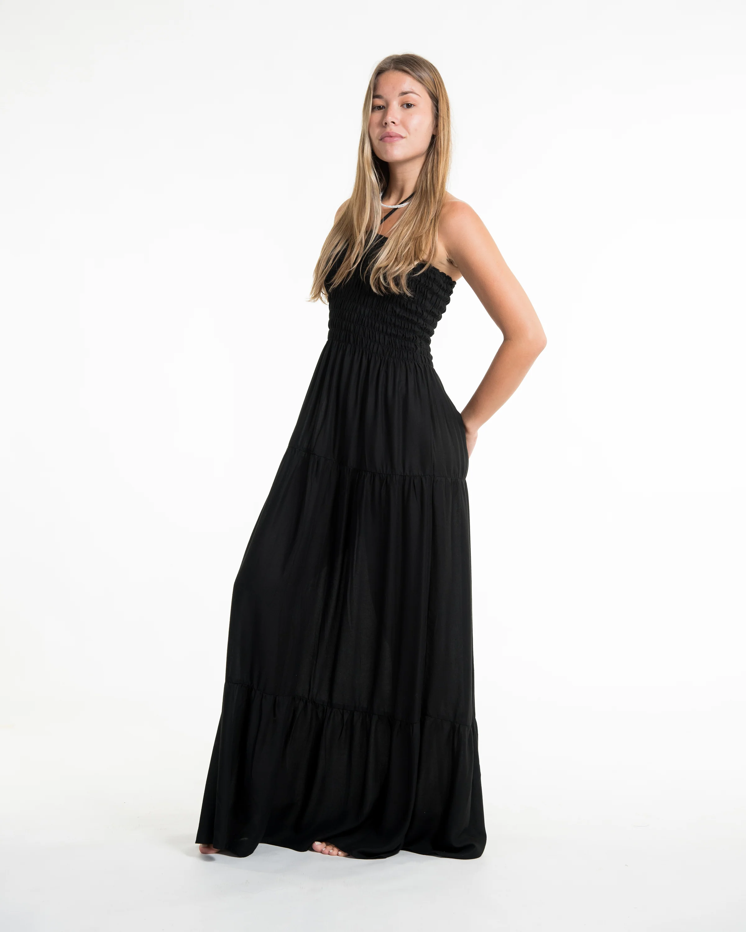 2214-Solid-Color-Smocked-Maxi-Dress-in-Black-3.webp Solid Color Smocked Maxi Dress in Black