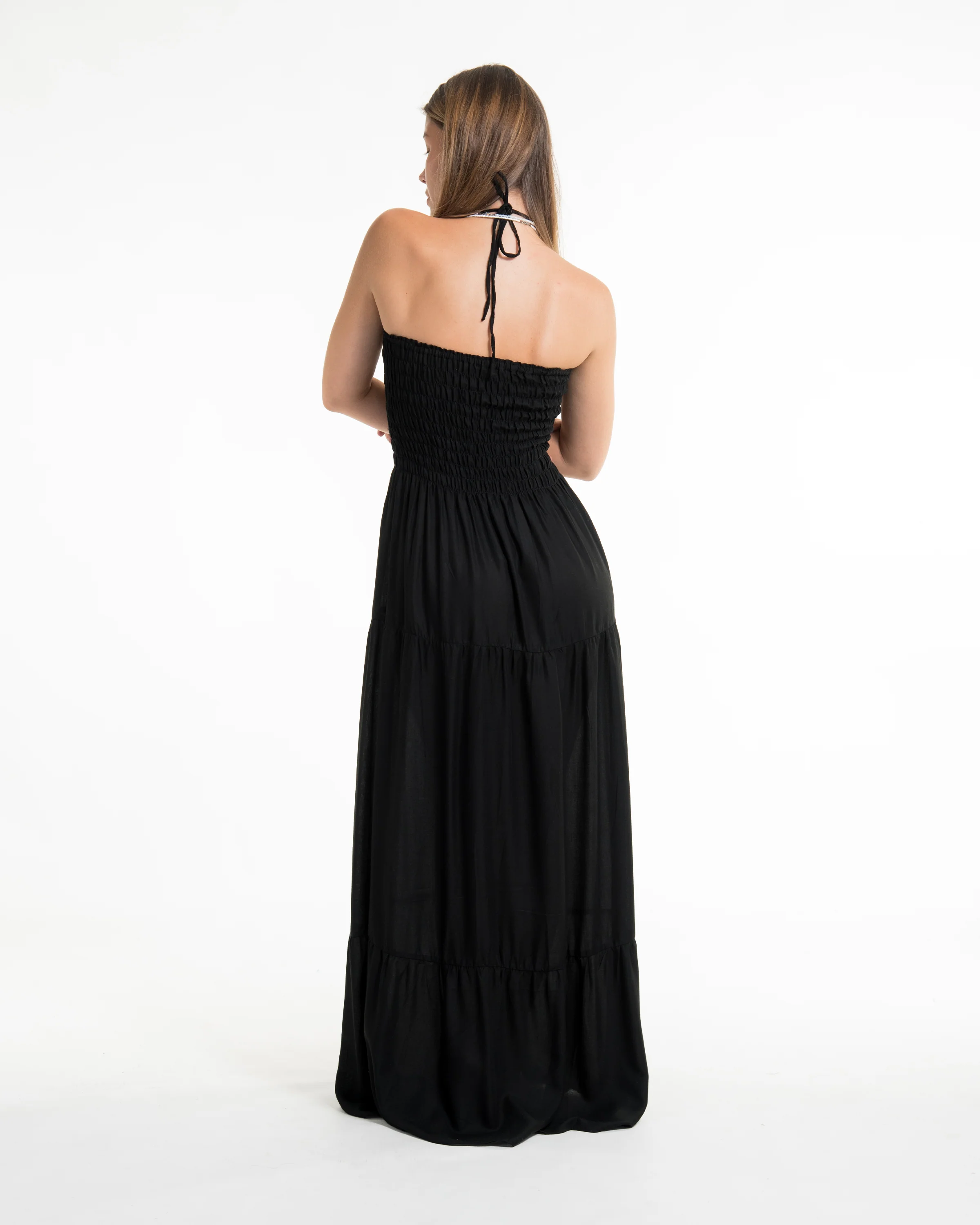2214-Solid-Color-Smocked-Maxi-Dress-in-Black-4.webp Solid Color Smocked Maxi Dress in Black