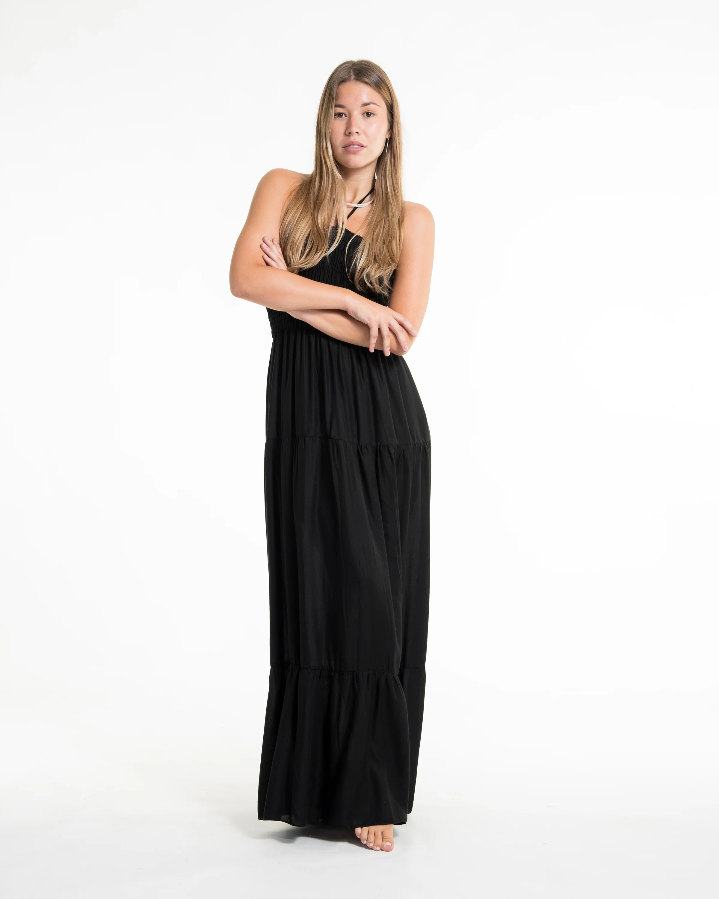 2214-Solid-Color-Smocked-Maxi-Dress-in-Black-5.webp Solid Color Smocked Maxi Dress in Black