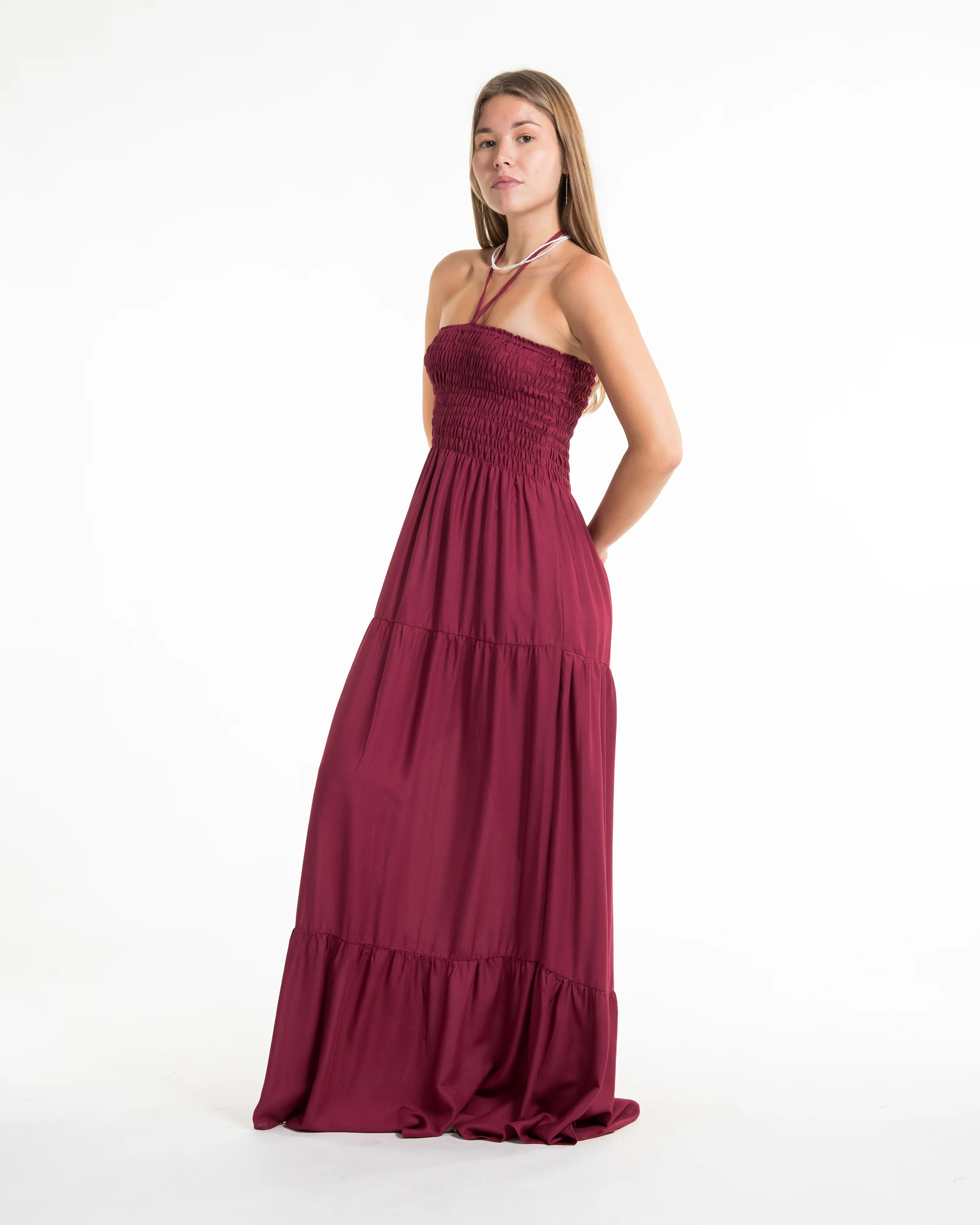 2221-Solid-Color-Smocked-Maxi-Dress-in-Red-3.webp Solid Color Smocked Maxi Dress in Red