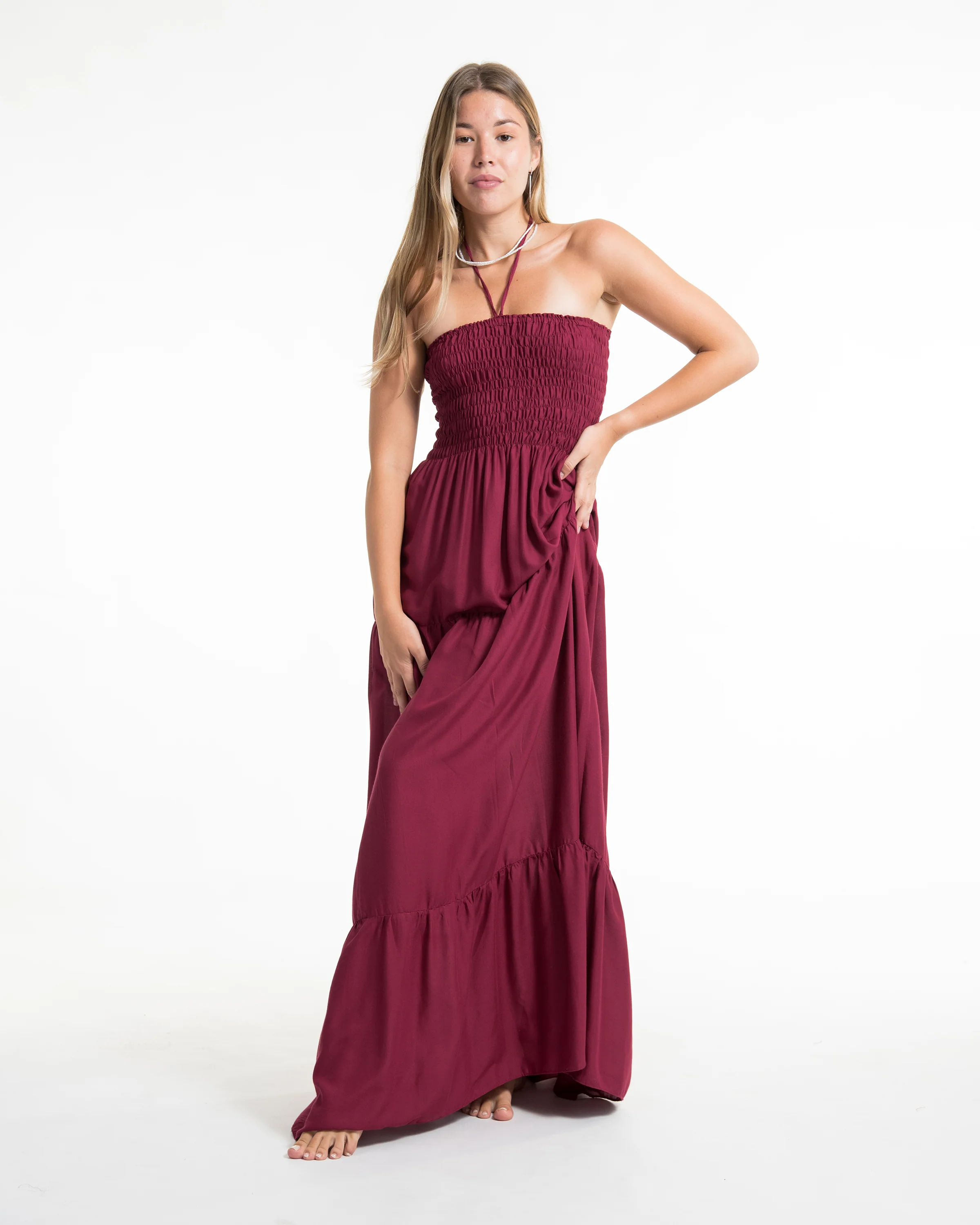 2221-Solid-Color-Smocked-Maxi-Dress-in-Red-5.webp Solid Color Smocked Maxi Dress in Red