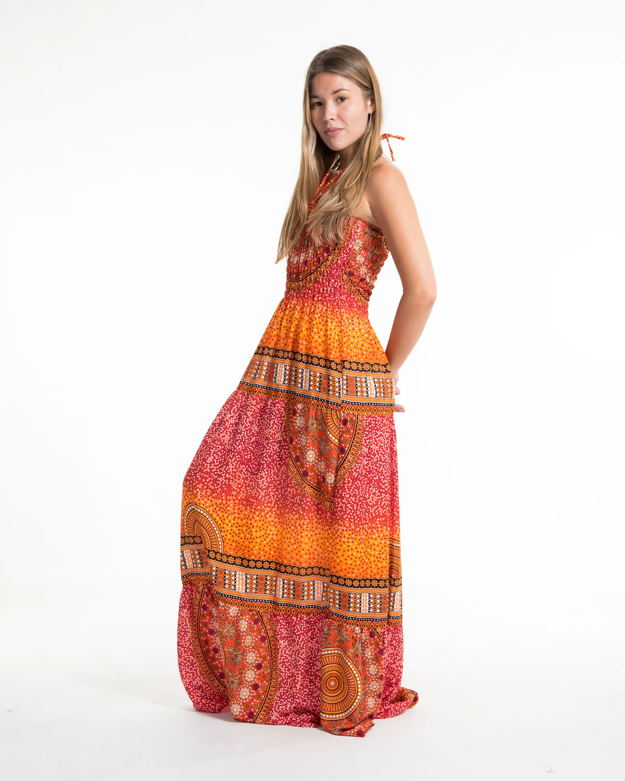 2230-Tribal-Chakras-Smocked-Maxi-Dress-in-Orange-3.webp Tribal Chakras Smocked Maxi Dress in Orange