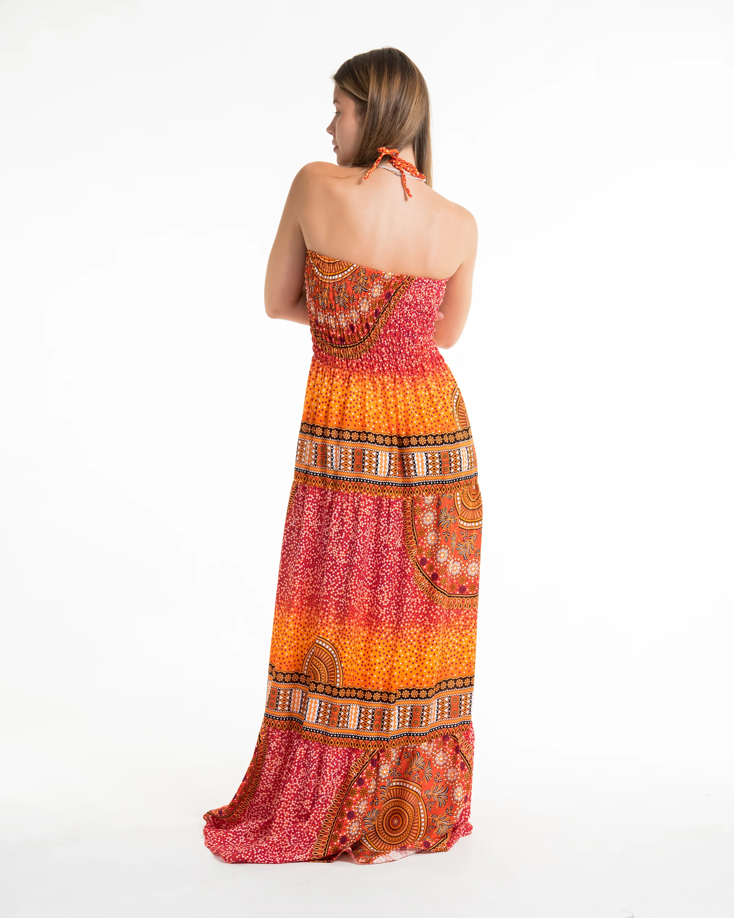 2230-Tribal-Chakras-Smocked-Maxi-Dress-in-Orange-4.webp Tribal Chakras Smocked Maxi Dress in Orange