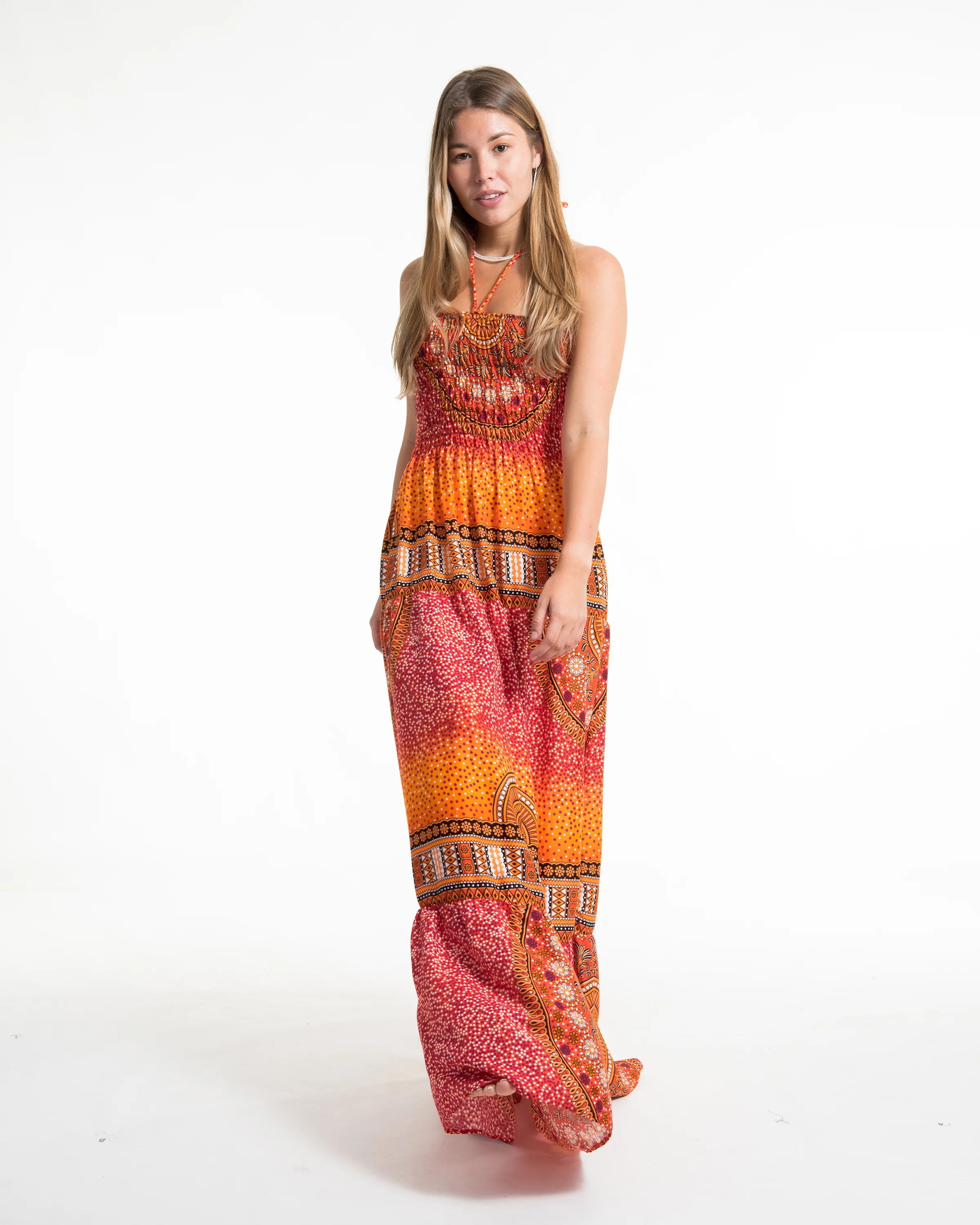 2230-Tribal-Chakras-Smocked-Maxi-Dress-in-Orange-5.webp Tribal Chakras Smocked Maxi Dress in Orange