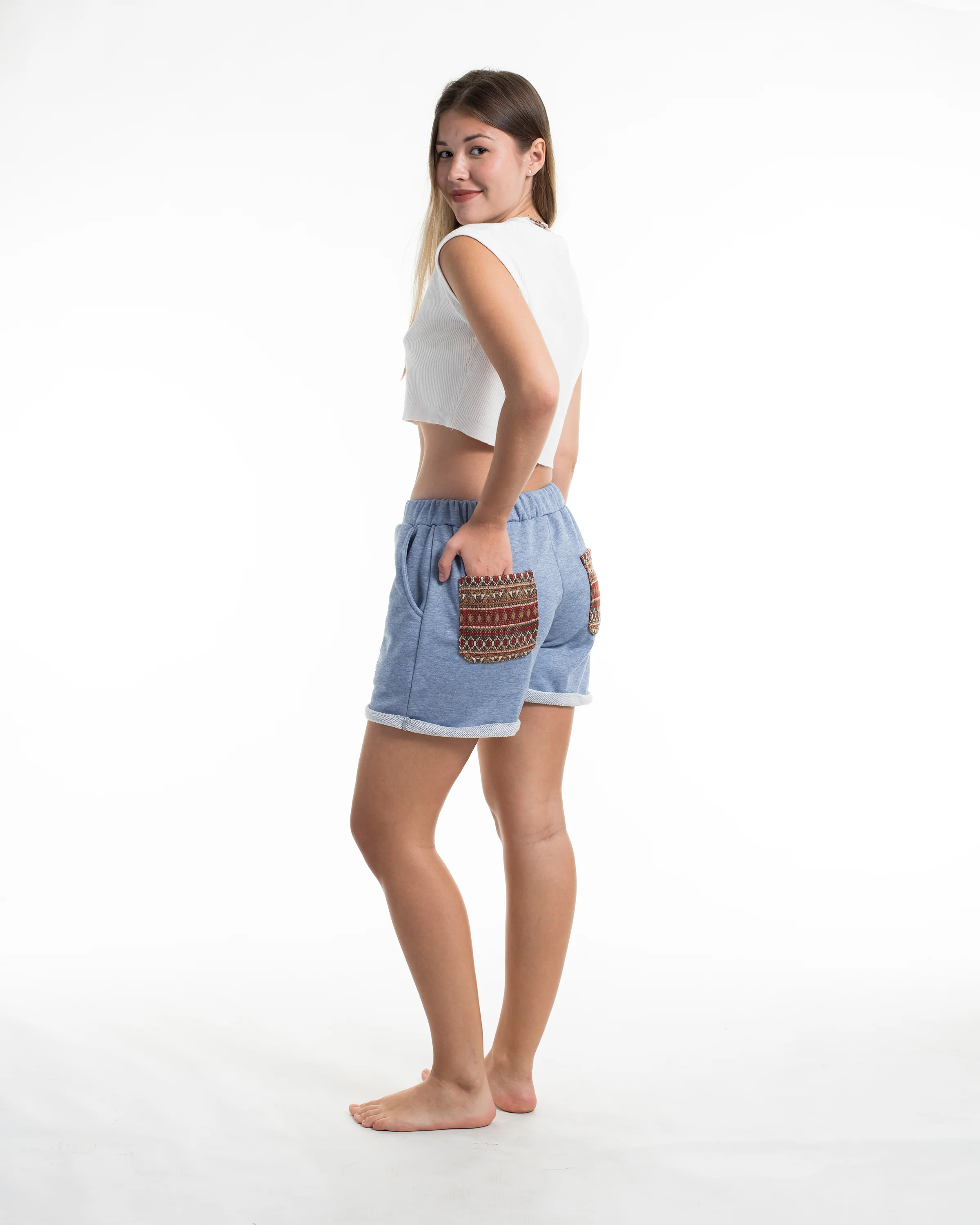 Women's Terry Shorts with Tribal Pockets in Light Blue (Size S - L)