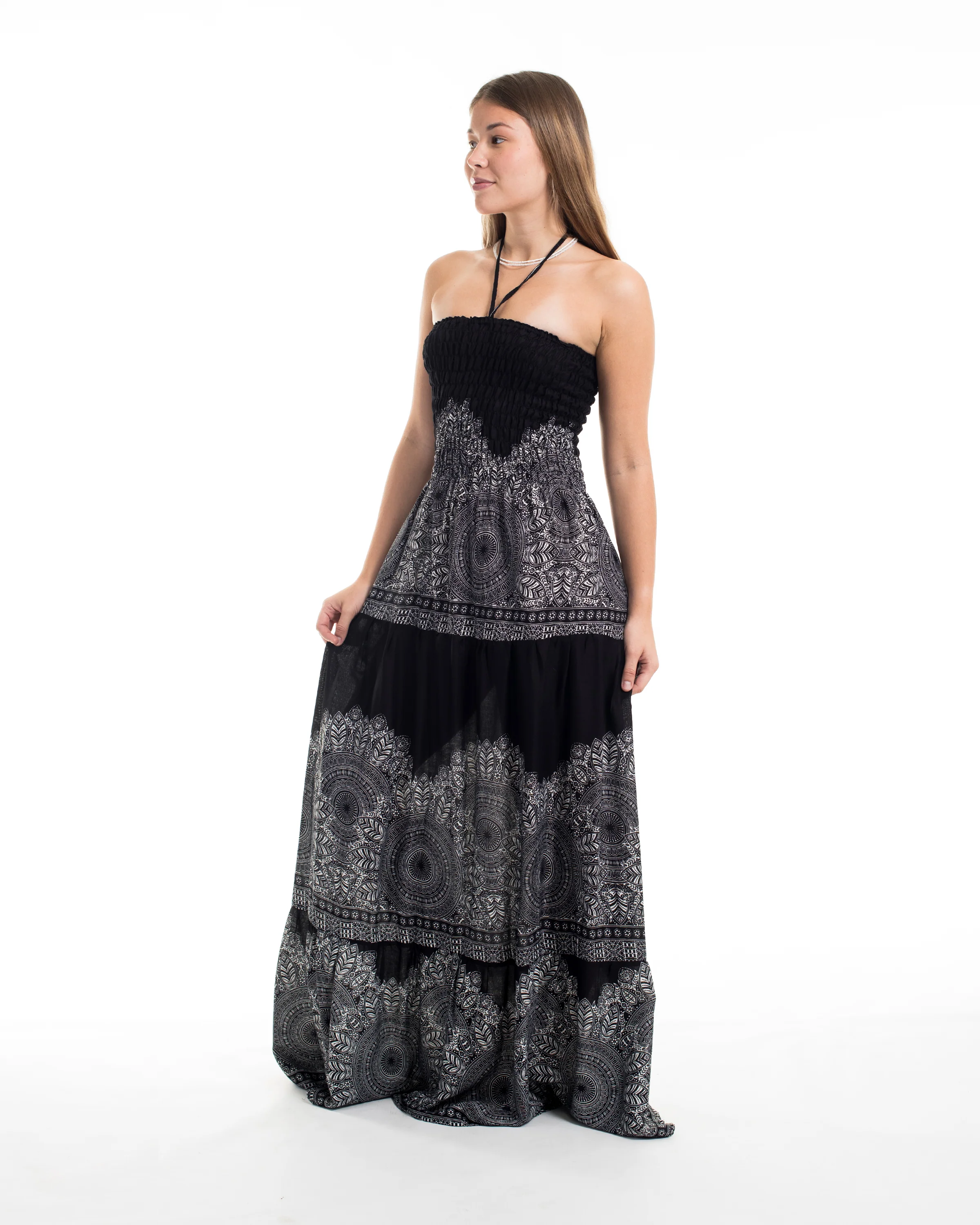 Floral Mandalas Smocked Maxi Dress in Black