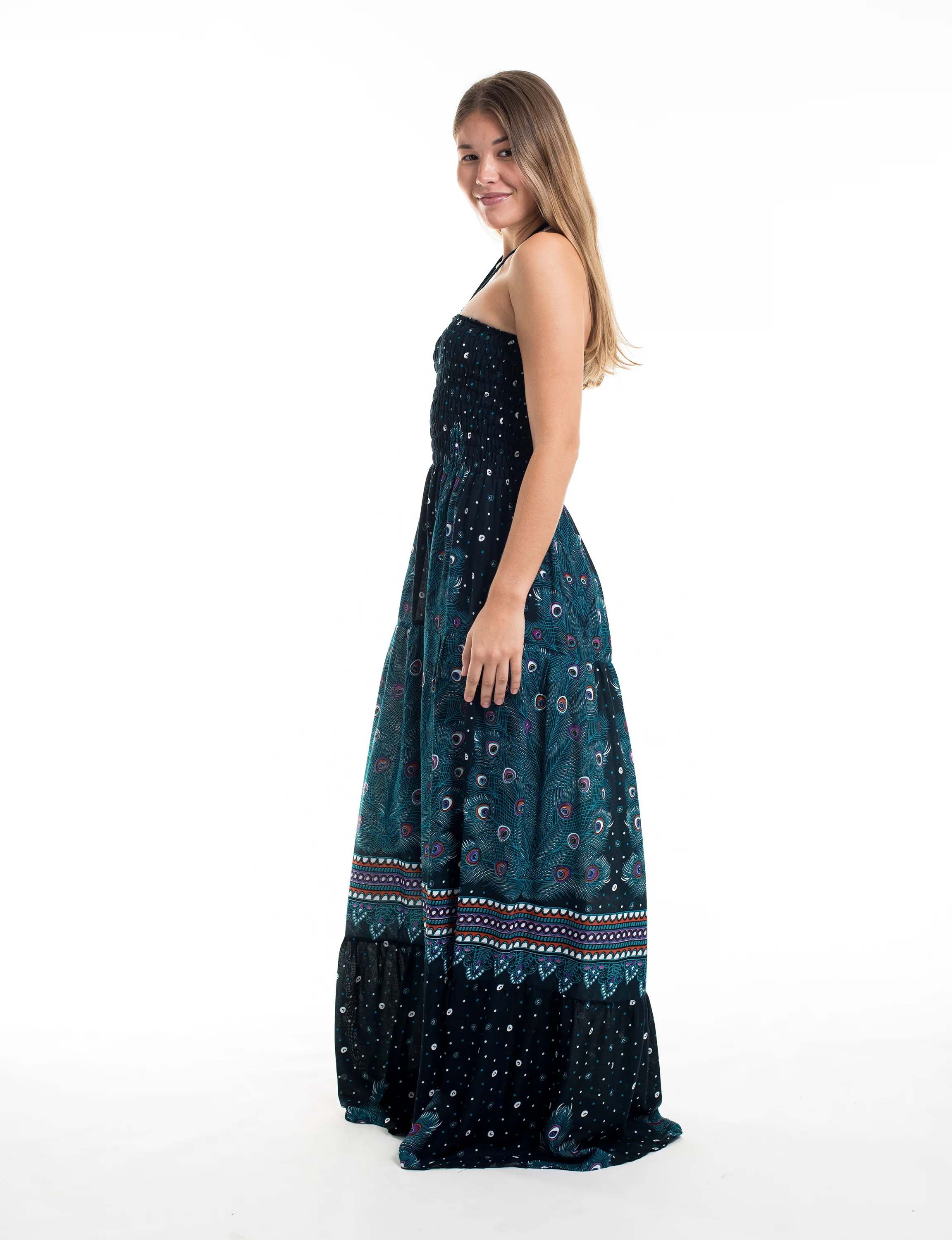 Peacock Smocked Maxi Dress in Turquoise