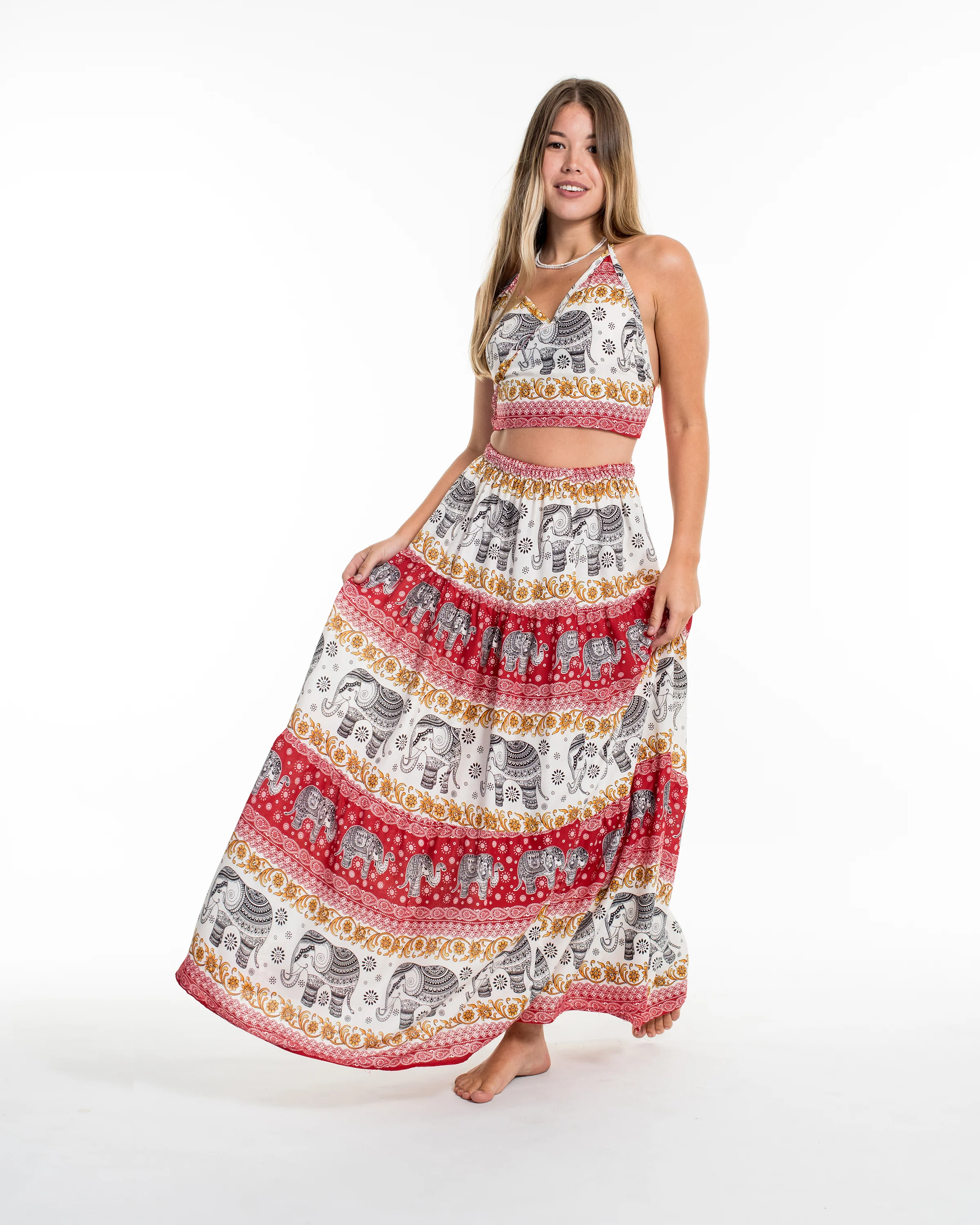 Elephant Dreams Crop Top and Long Skirt in Red
