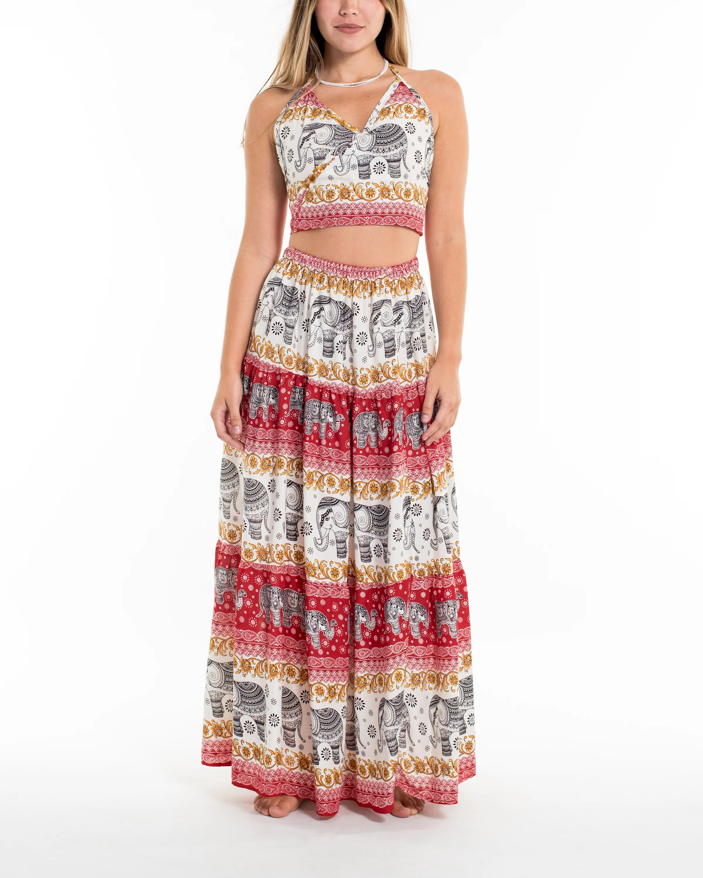 Elephant Dreams Crop Top and Long Skirt in Red