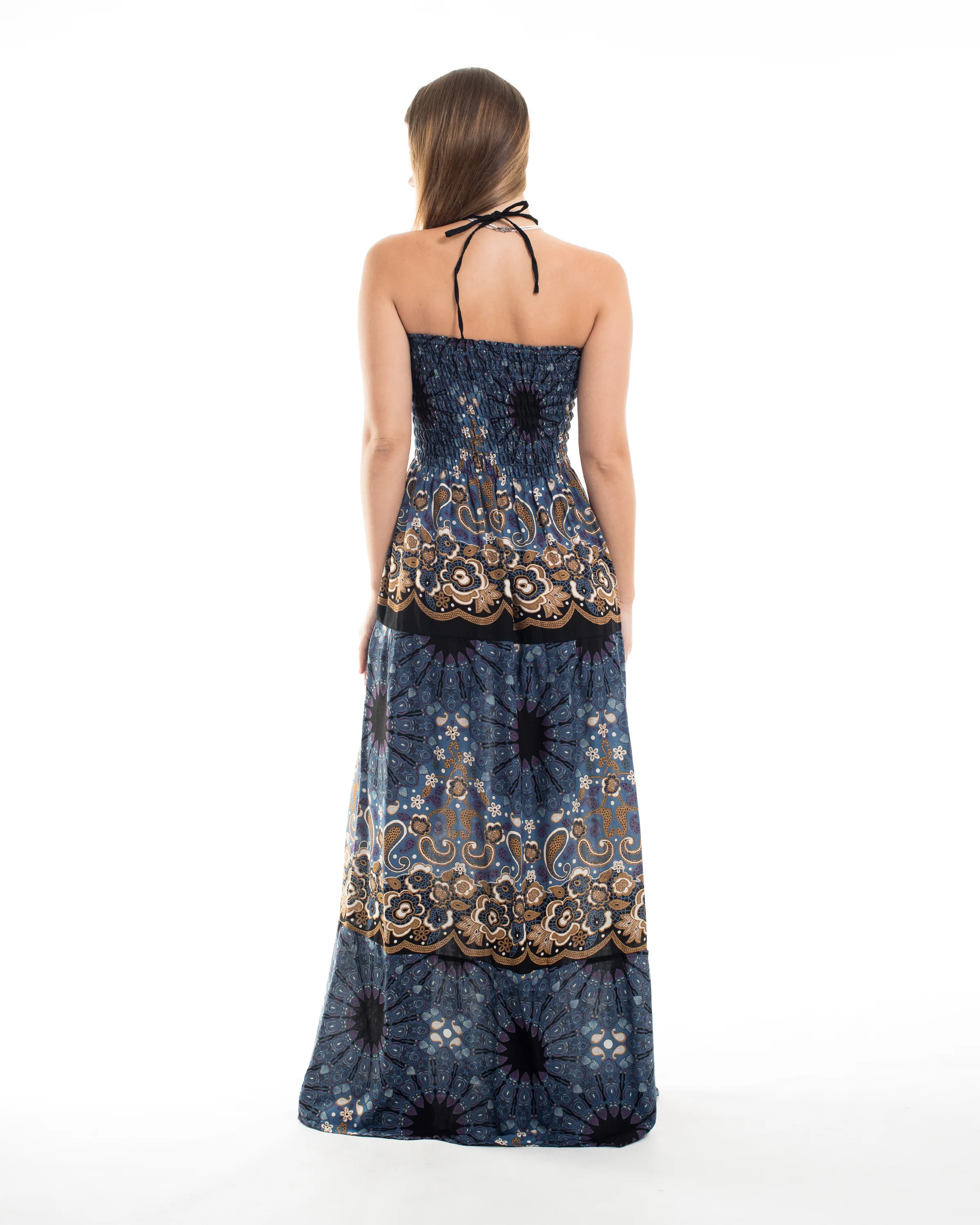 Paisley Mandalas Smocked Maxi Dress in Blue Gray