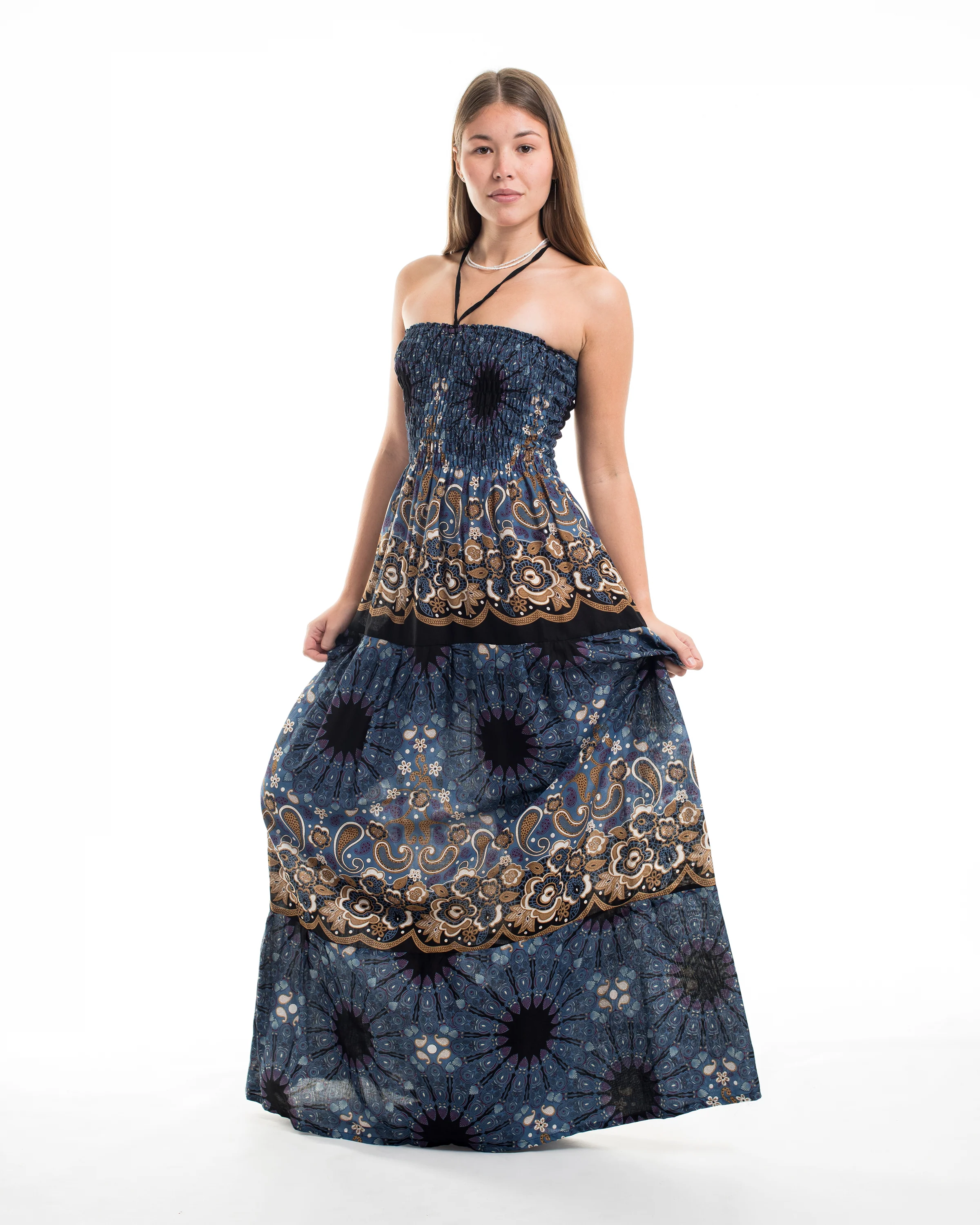 Paisley Mandalas Smocked Maxi Dress in Blue Gray